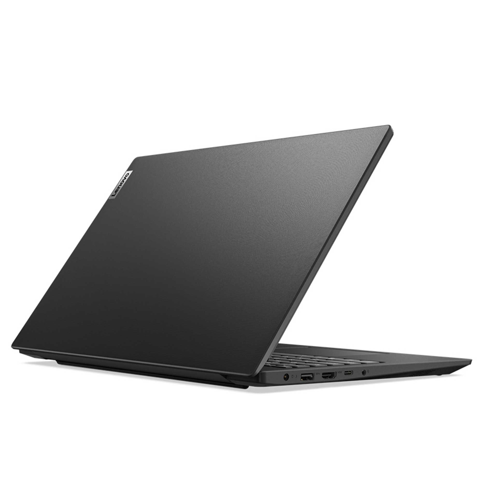 Beyaz zemin üzerinde, hafif açık siyah bir Lenovo dizüstü bilgisayar. Lenovo logosu görünür.
