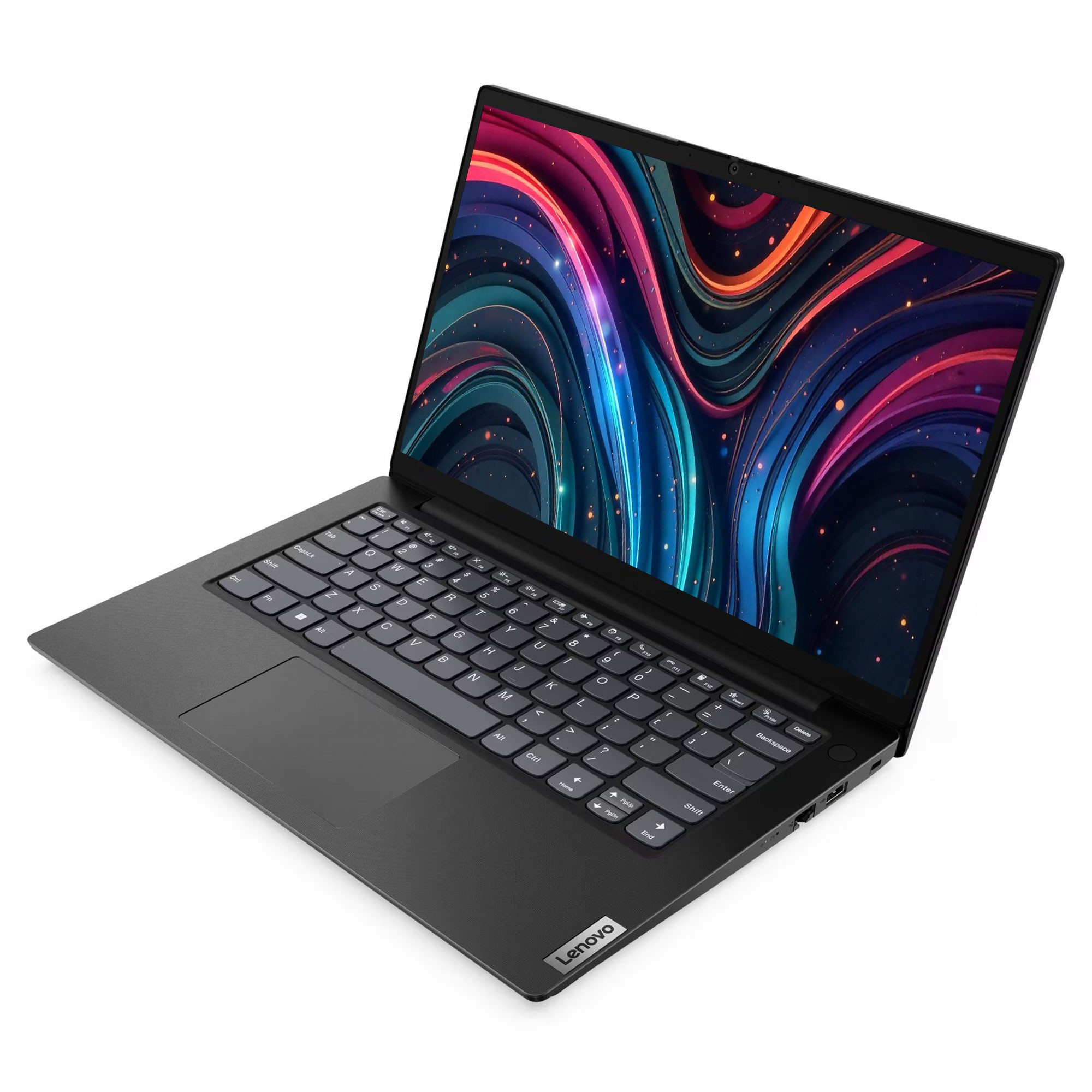 Siyah bir Lenovo dizüstü bilgisayar açık, renkli soyut bir grafik görüntülüyor. Klavye görünür durumda.