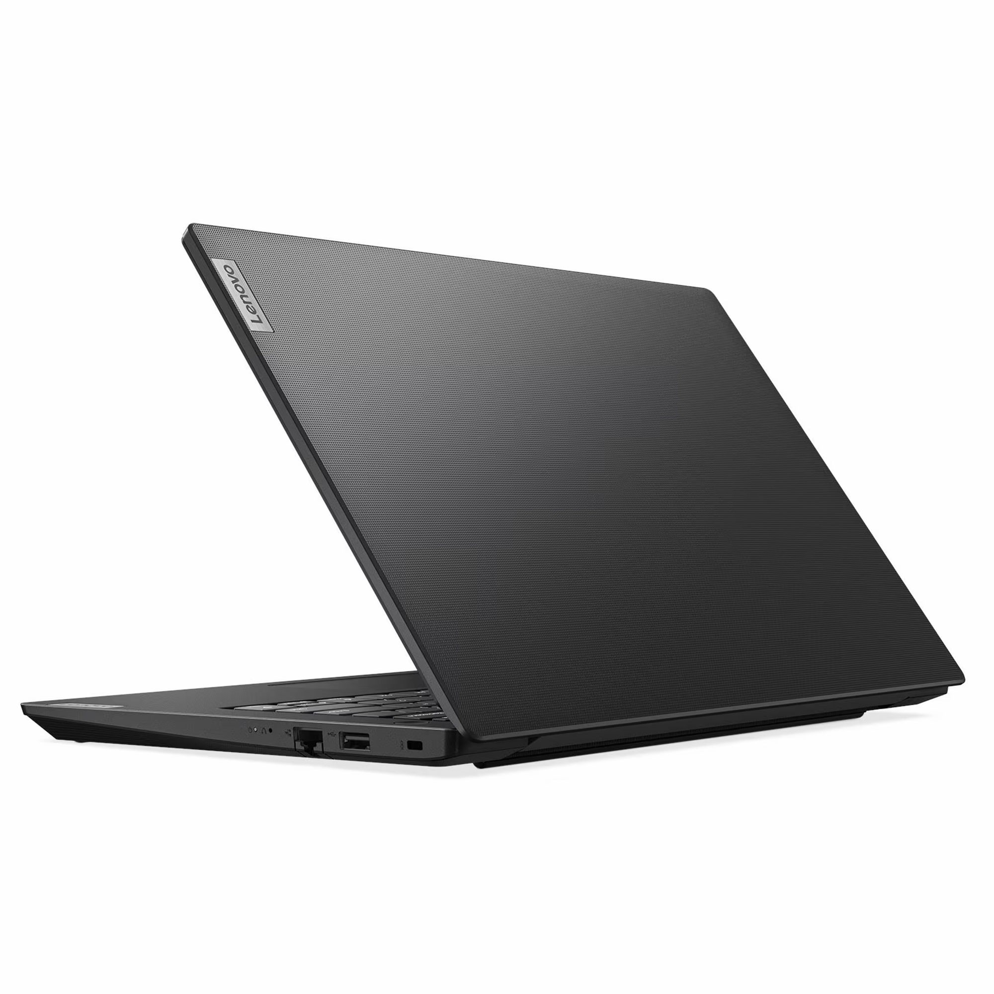 Siyah Lenovo dizüstü bilgisayar, açık. Ekran eğik. Arka plan beyaz.