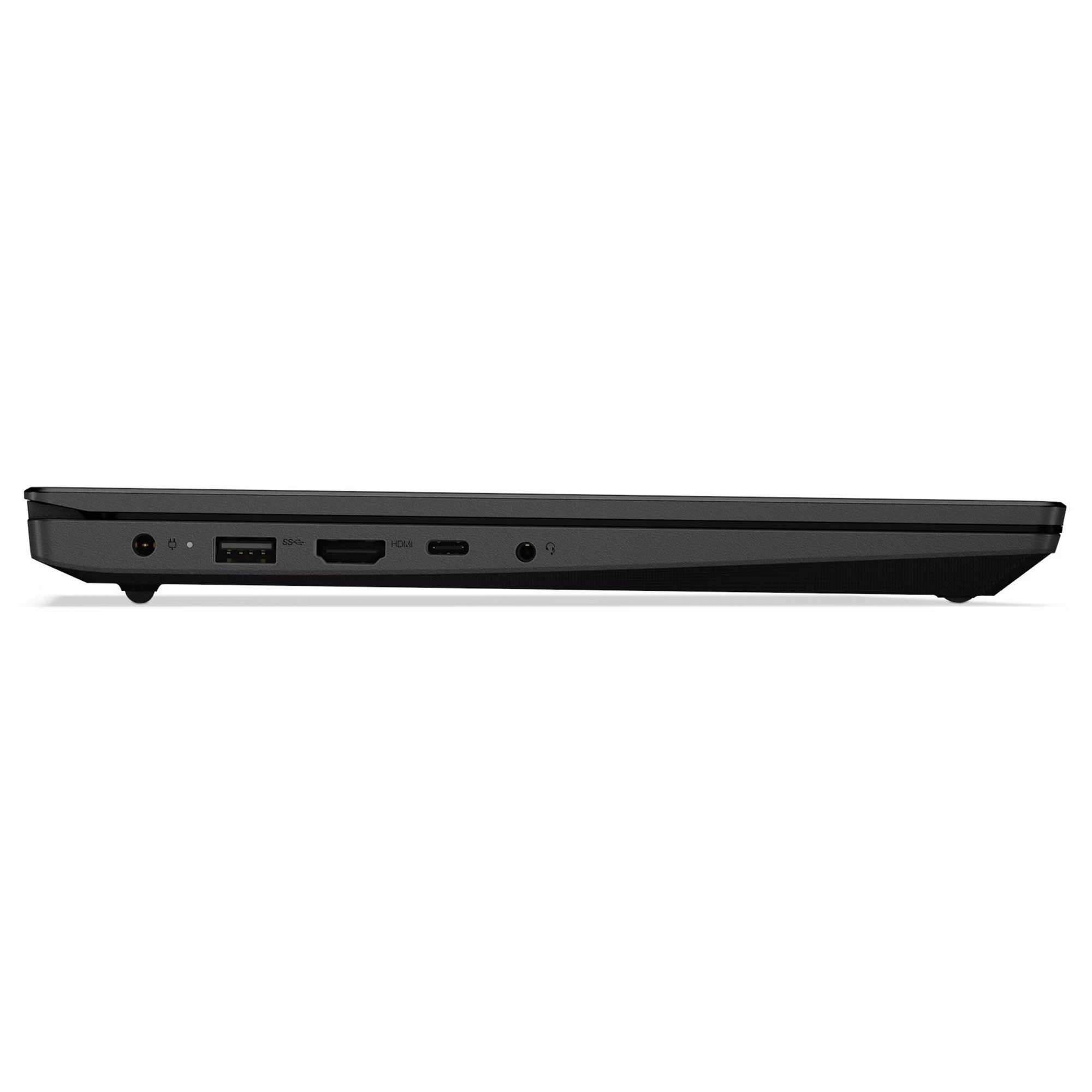 Siyah bir dizüstü bilgisayarın yan görünümü. Bağlantı noktaları: güç, USB, HDMI ve ses jakı. Dizüstü bilgisayar beyaz bir arka planda.