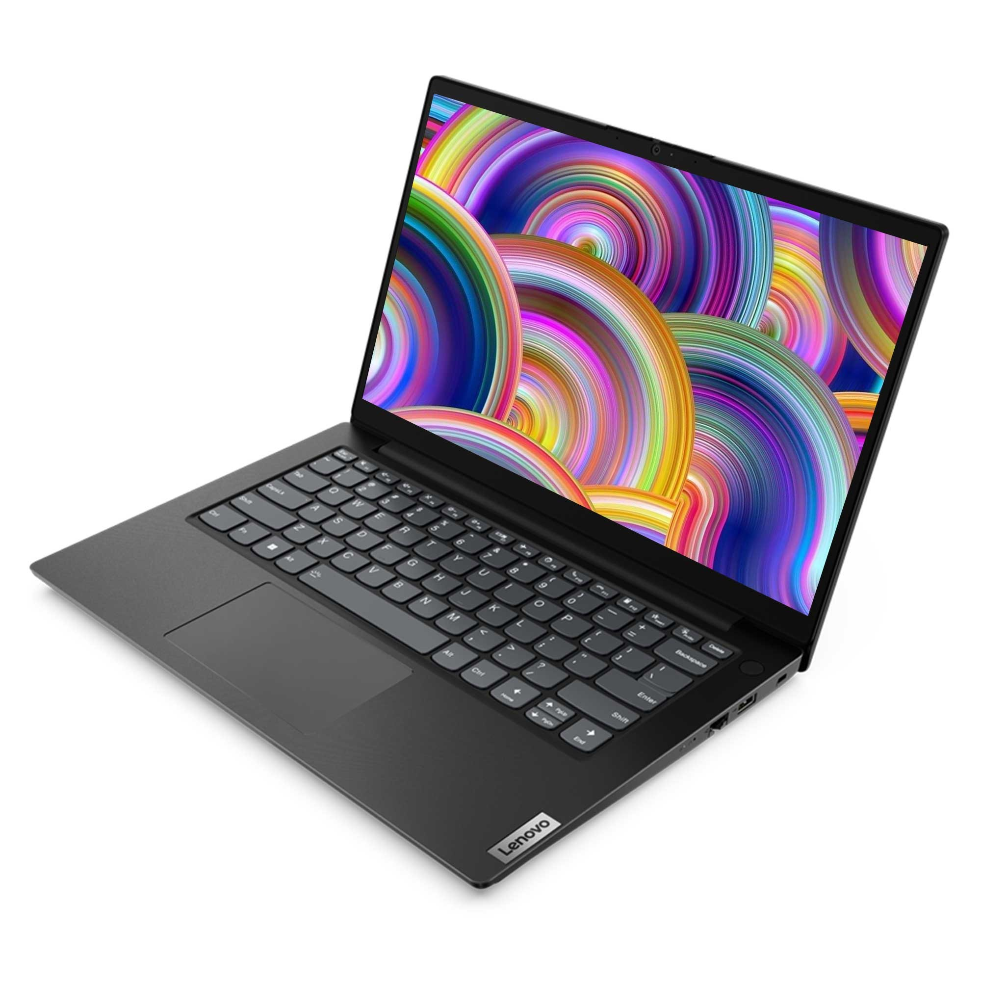 Renkli ekranlı bir Lenovo dizüstü bilgisayar. Klavye görünür durumda ve dizüstü bilgisayar beyaz bir yüzeyde açık.
