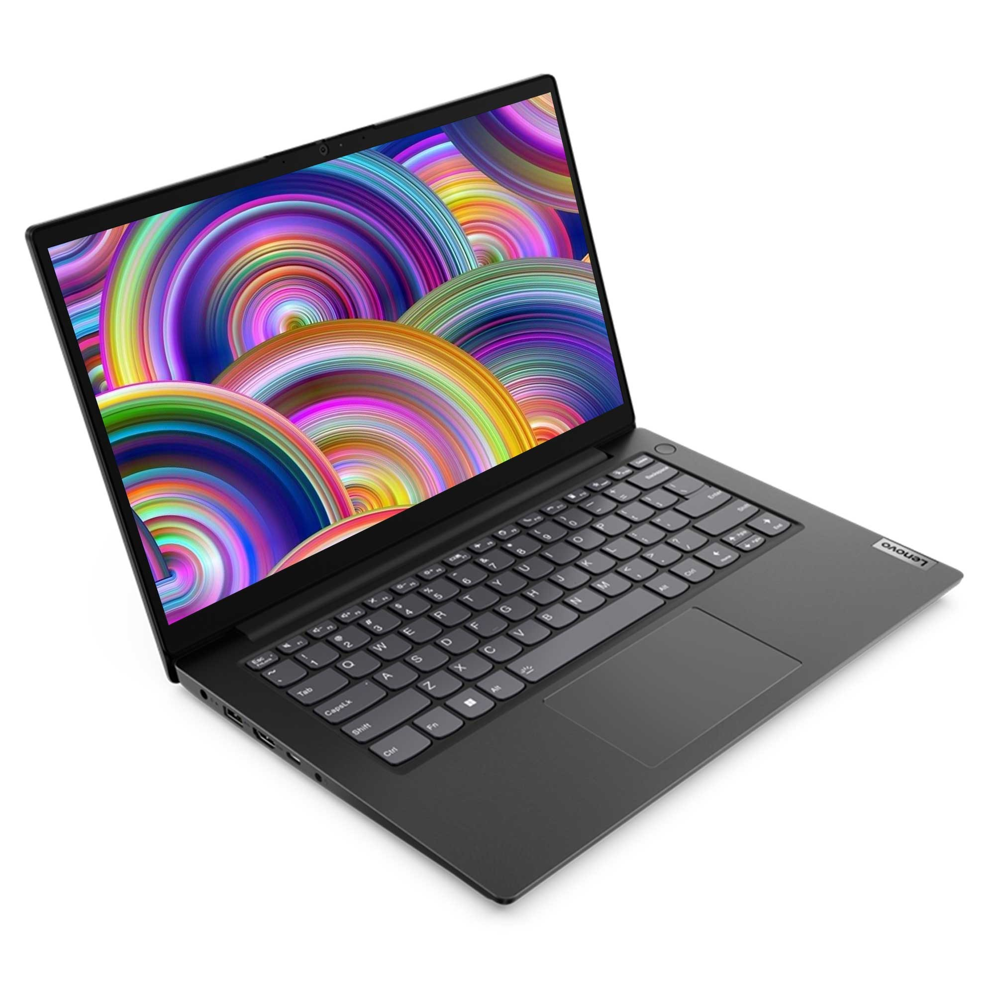 Beyaz arka plan üzerinde, renkli ekranı, klavyesi ve dokunmatik yüzeyi olan siyah Lenovo dizüstü bilgisayar.