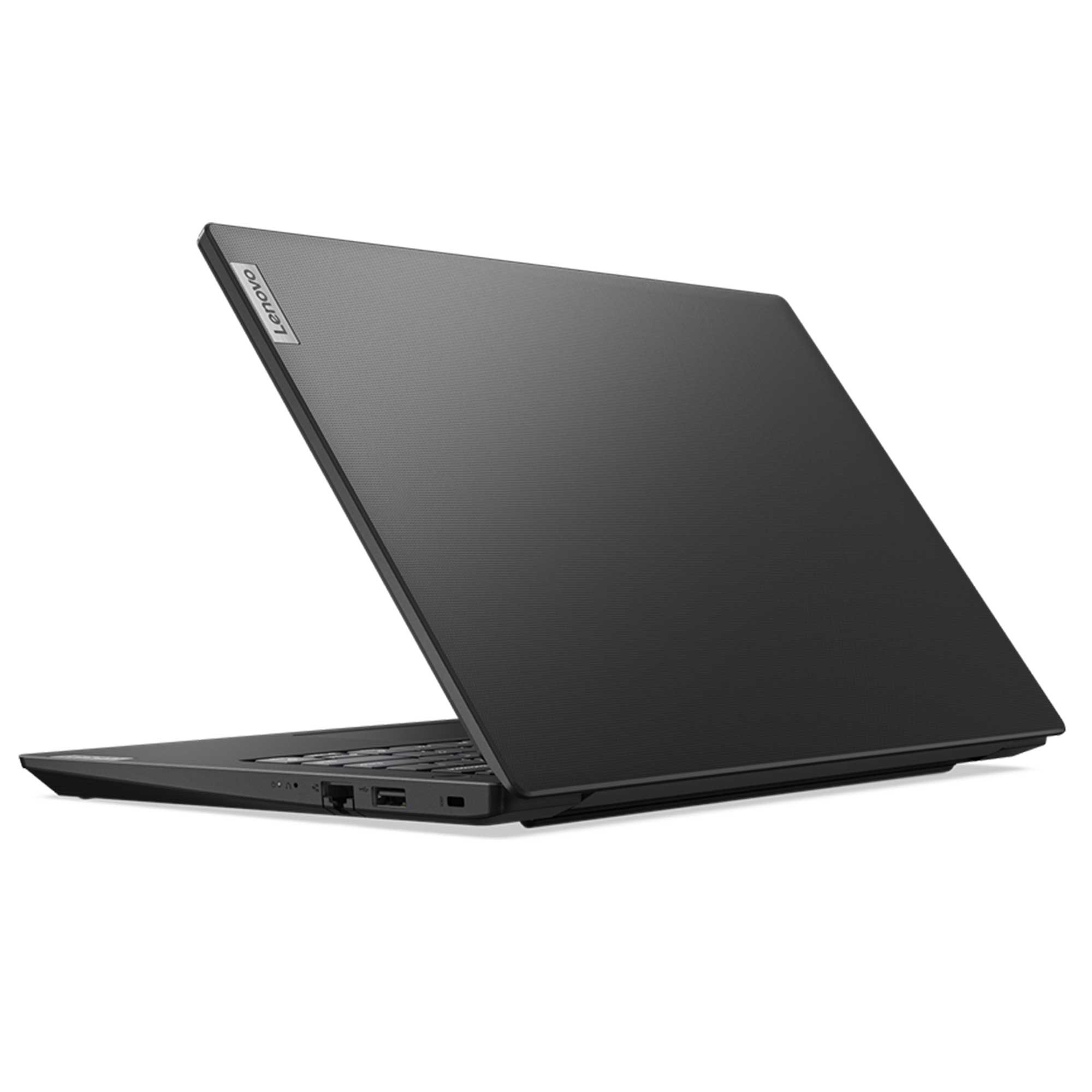 Siyah Lenovo dizüstü bilgisayar, kısmen açık. Ekran yukarıda. Arka plan beyaz.