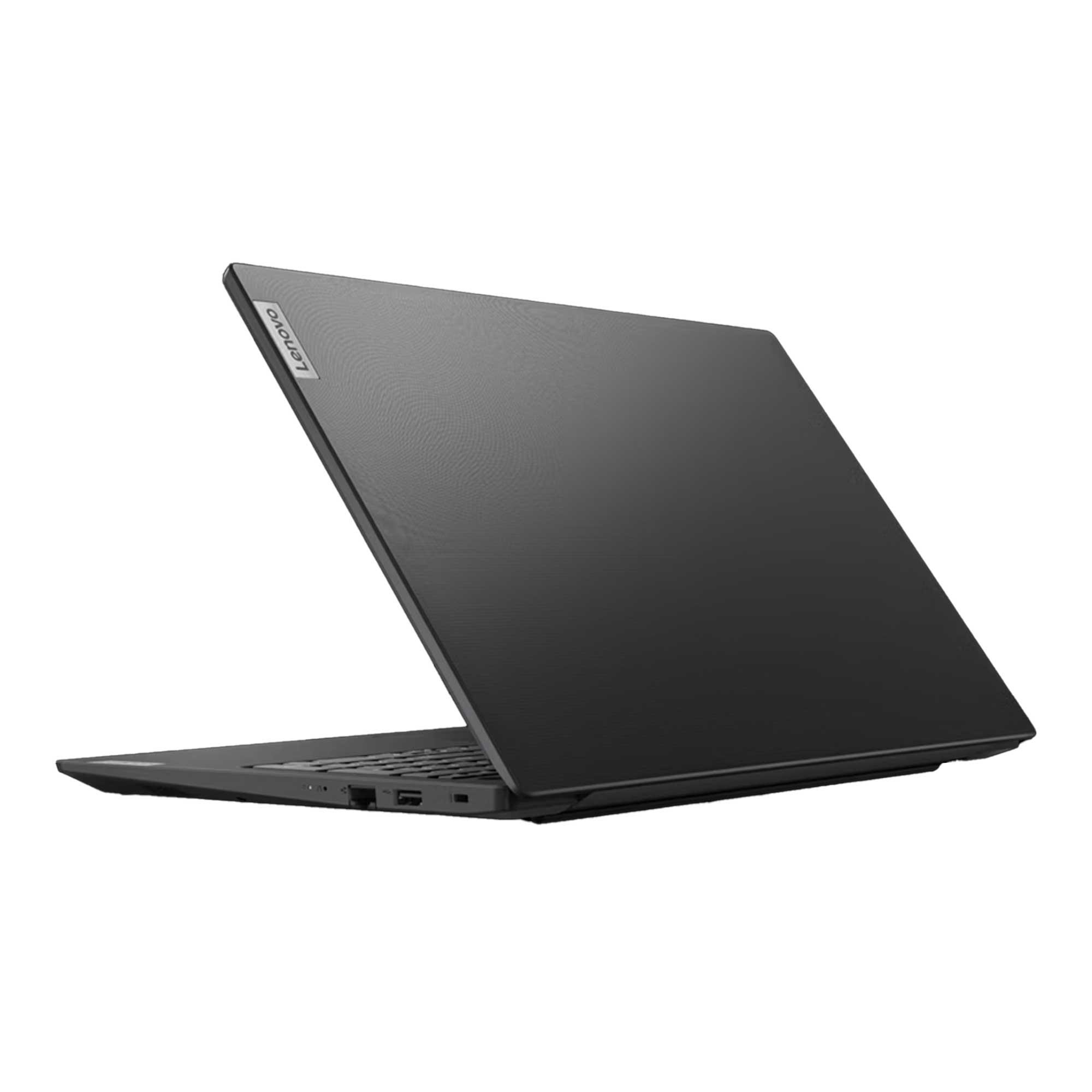 Siyah bir Lenovo dizüstü bilgisayar, beyaz bir arka plan üzerinde açılı olarak duruyor. Ekran, Lenovo logosunu göstererek açık.