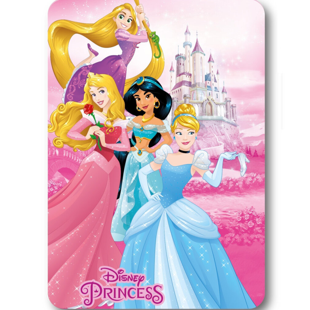 Disney Prinzessinnen: Rapunzel, Aurora, Jasmin und Aschenputtel. Rosa Hintergrund mit Burg und Brücke.