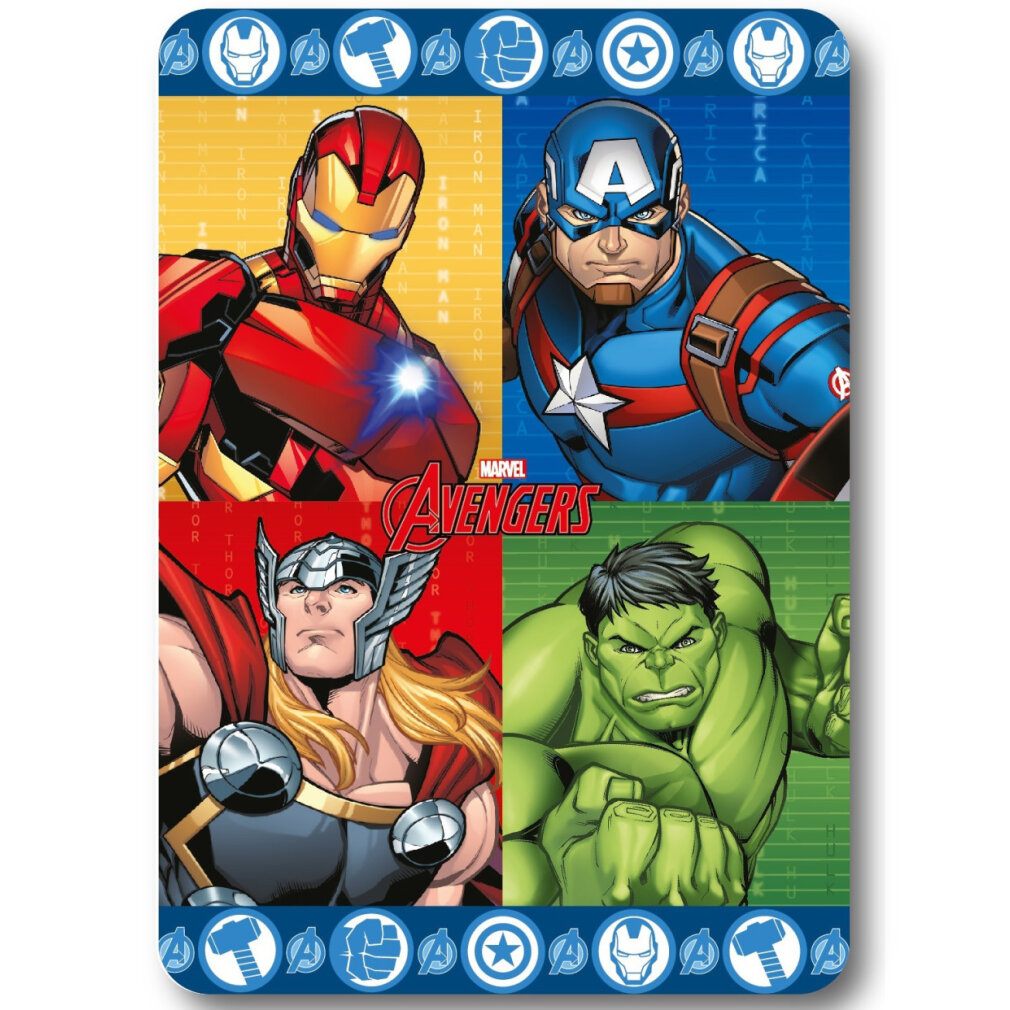 Marvel Avengers Poster mit Iron Man, Captain America, Thor und Hulk. Blauer Rand mit Superhelden-Symbolen und Text.