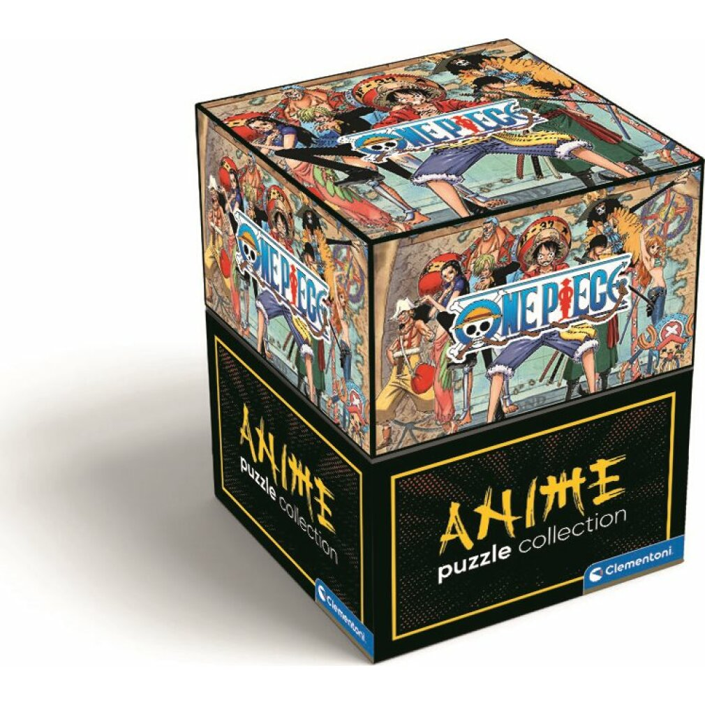 Dwupoziomowe pudełko z puzzlami z postaciami z 'One Piece'. Pudełko posiada logo 'Anime puzzle collection'.