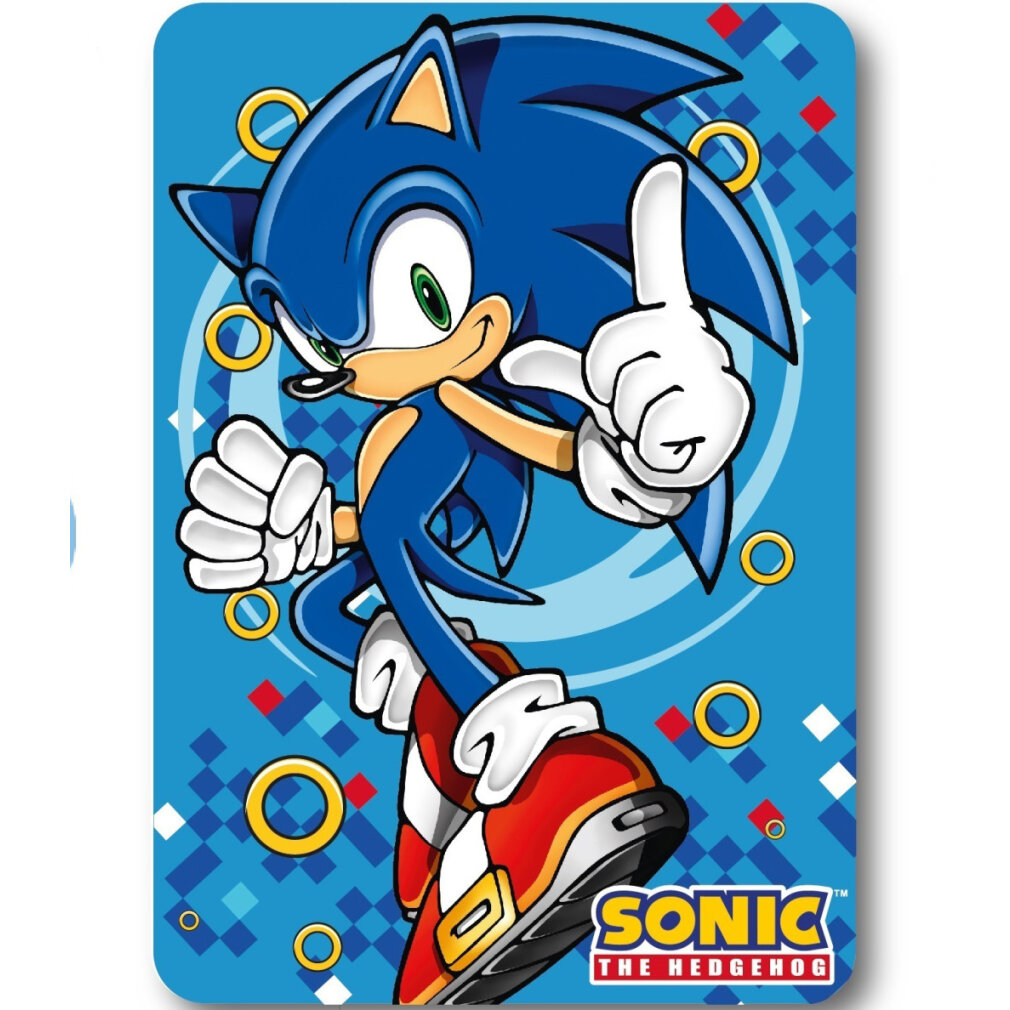 Sonic the Hedgehog, blaues Fell, grüne Augen, weiße Handschuhe und Schuhe, rote Schuhe, goldene Ringe, auf blauem Hintergrund.