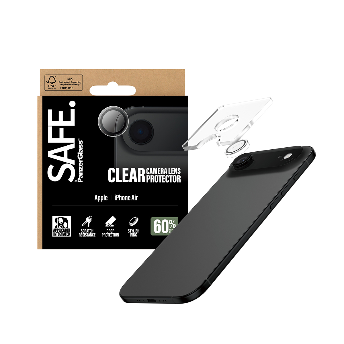 Un téléphone et un protecteur d'objectif d'appareil photo sont affichés. La boîte de protection est en arrière-plan, le téléphone et le protecteur au premier plan.
