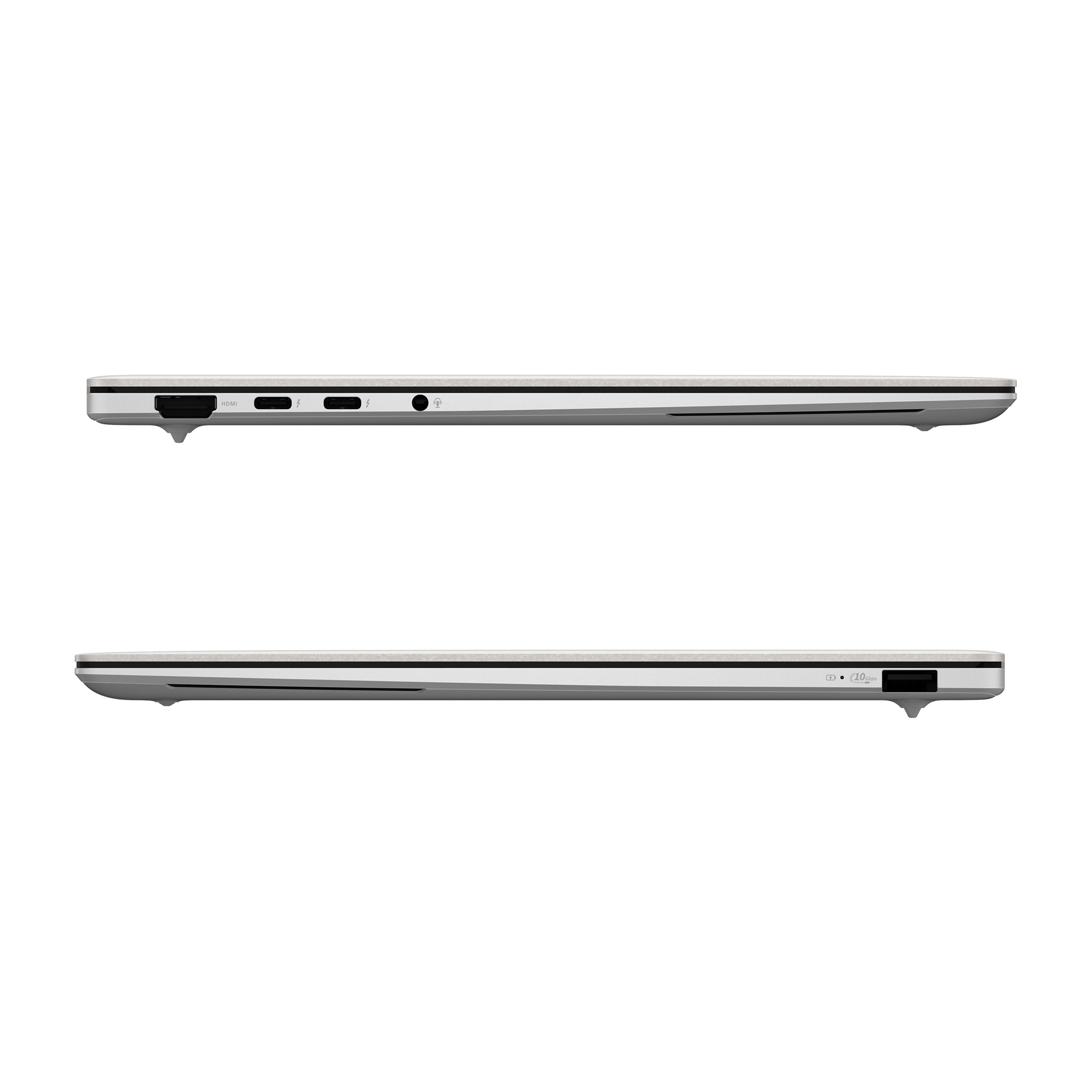 Deux ordinateurs portables argentés vus de côté, isolés sur fond blanc. Ils montrent des ports comme HDMI et USB-C.