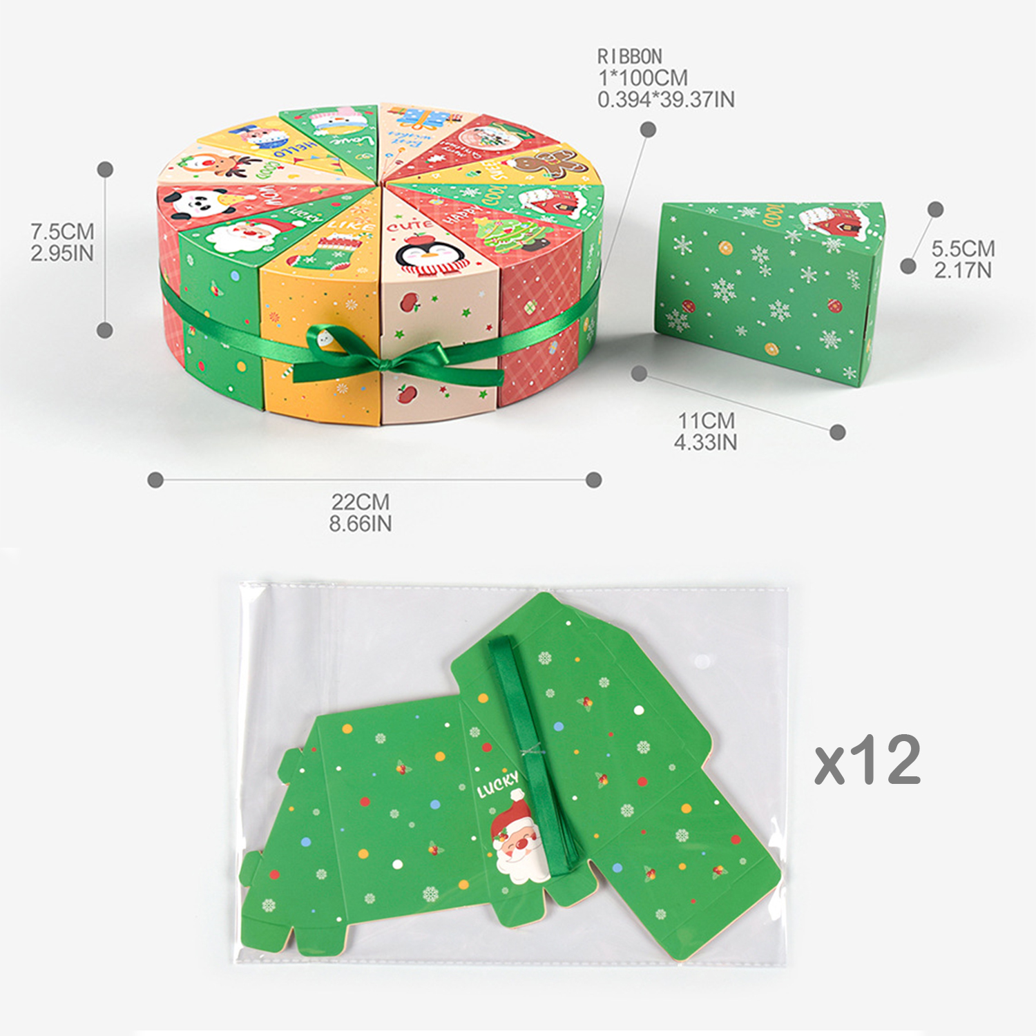 Weihnachtsgeschenkboxen in Kreis- und Rechteckformen, mit grünem Band. Enthält unmontierte Boxen und Maße.