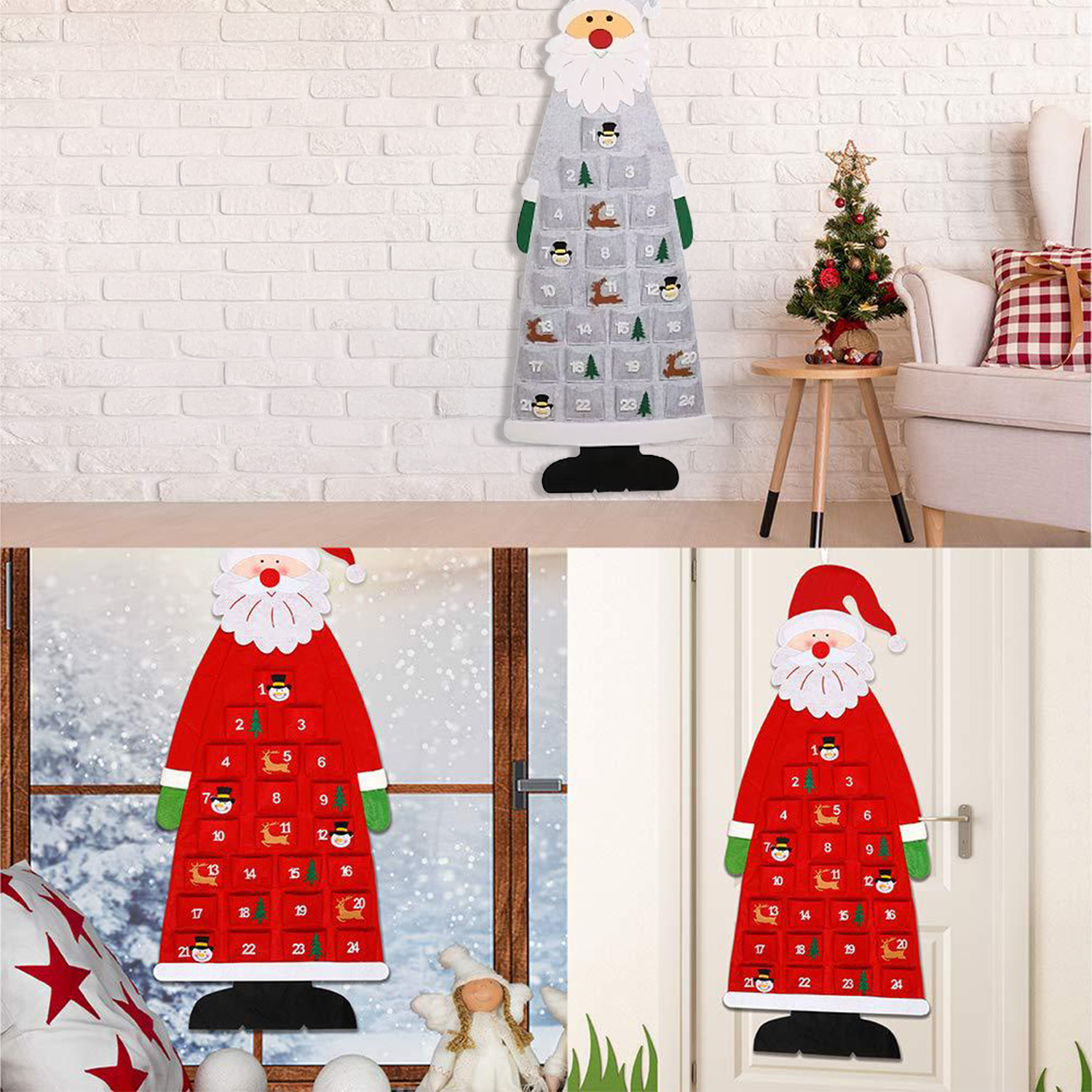 Drei Adventskalender im Santa-Design. Einer an der Wand, zwei an Türen. Jeder ist rot mit Zahlen und kleinen Bildern.