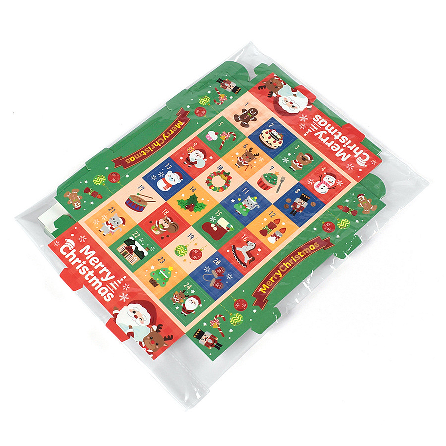 Ein grüner Adventskalender mit bunten Quadraten, verpackt in durchsichtigem Kunststoff. Enthält Feiertagsbilder und Frohe Weihnachten Text.