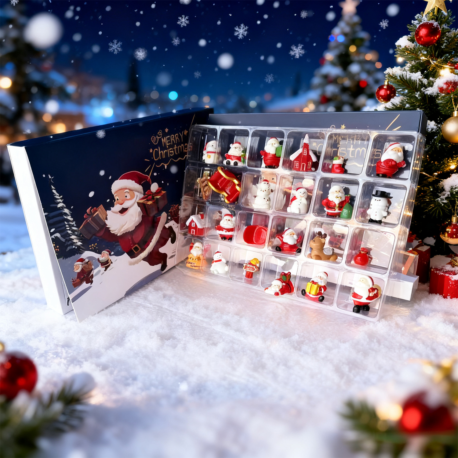 Ein Adventskalender mit Santa-Figuren. Schnee, Weihnachtsbaum und Geschenkboxen schaffen eine festliche Winterszene.