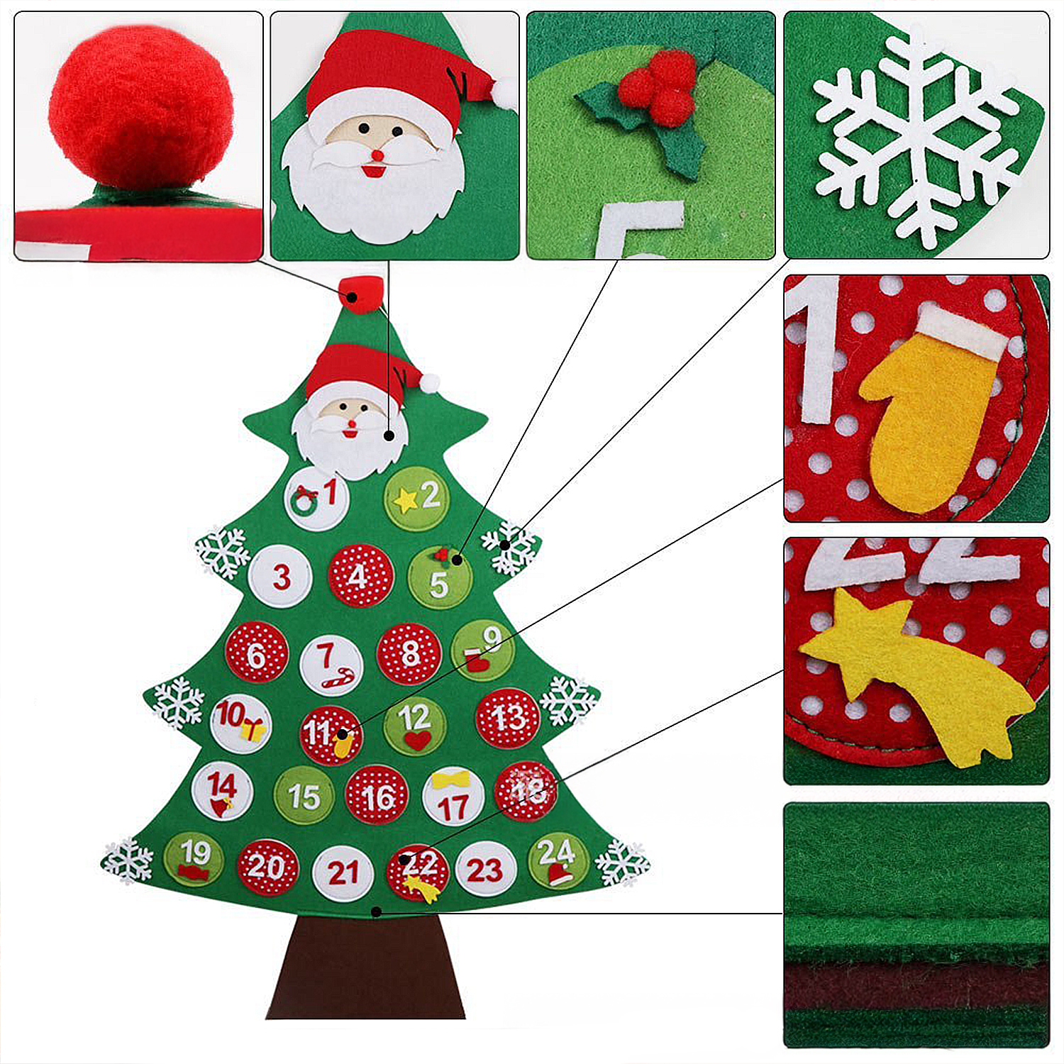 Ein Adventskalender aus Filz in Form eines Weihnachtsbaums mit nummerierten Kreisen, Santa's Gesicht und Dekorationselementen.