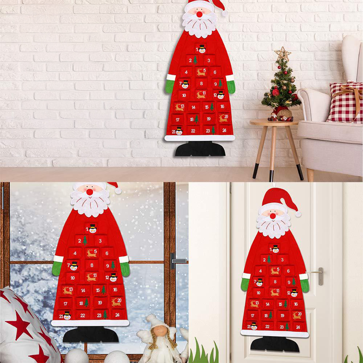 Drei Bilder eines Weihnachtsmann-Adventskalenders. Eines an einer Wand, eines an einem Fenster und eines an einer Tür.