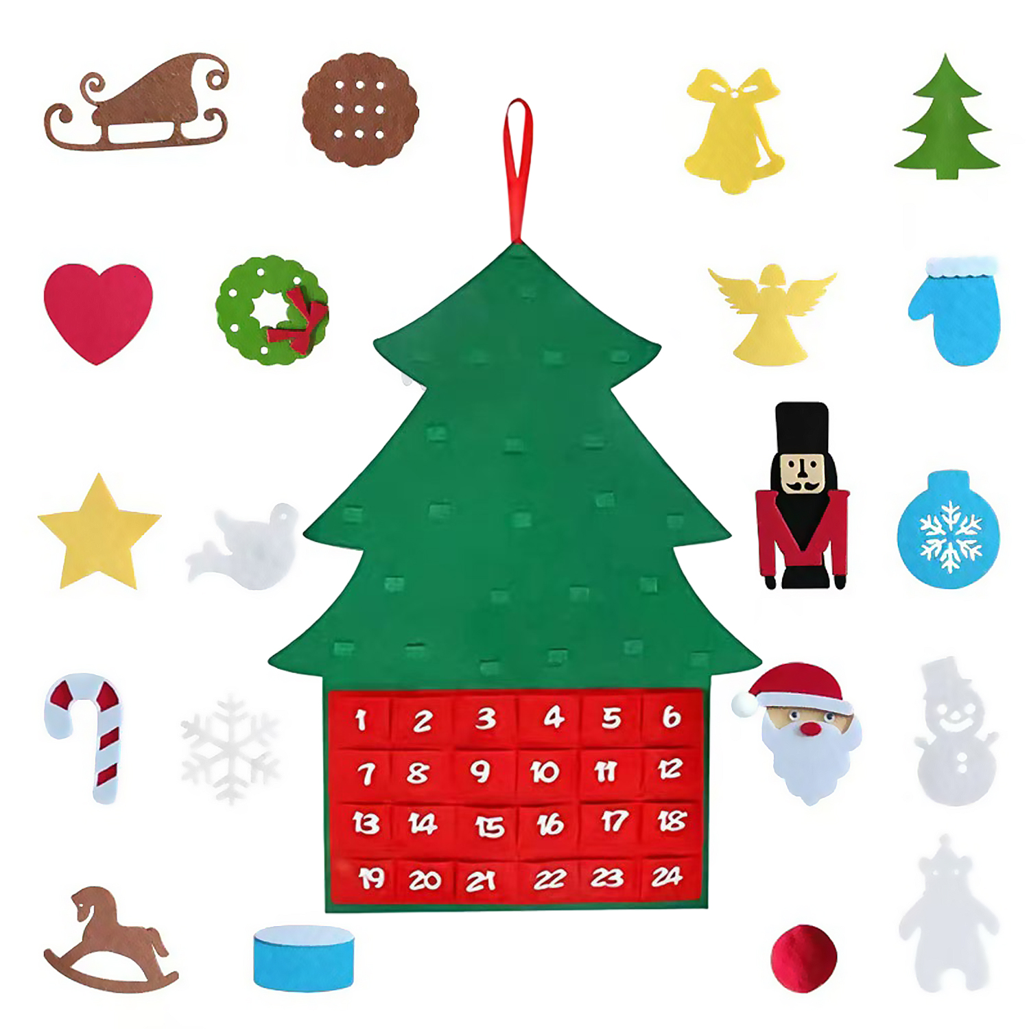 Ein grüner Adventskalender in Form eines Weihnachtsbaums mit roten Taschen mit den Nummern 1-24. Umgeben von festlichen Ornamenten.
