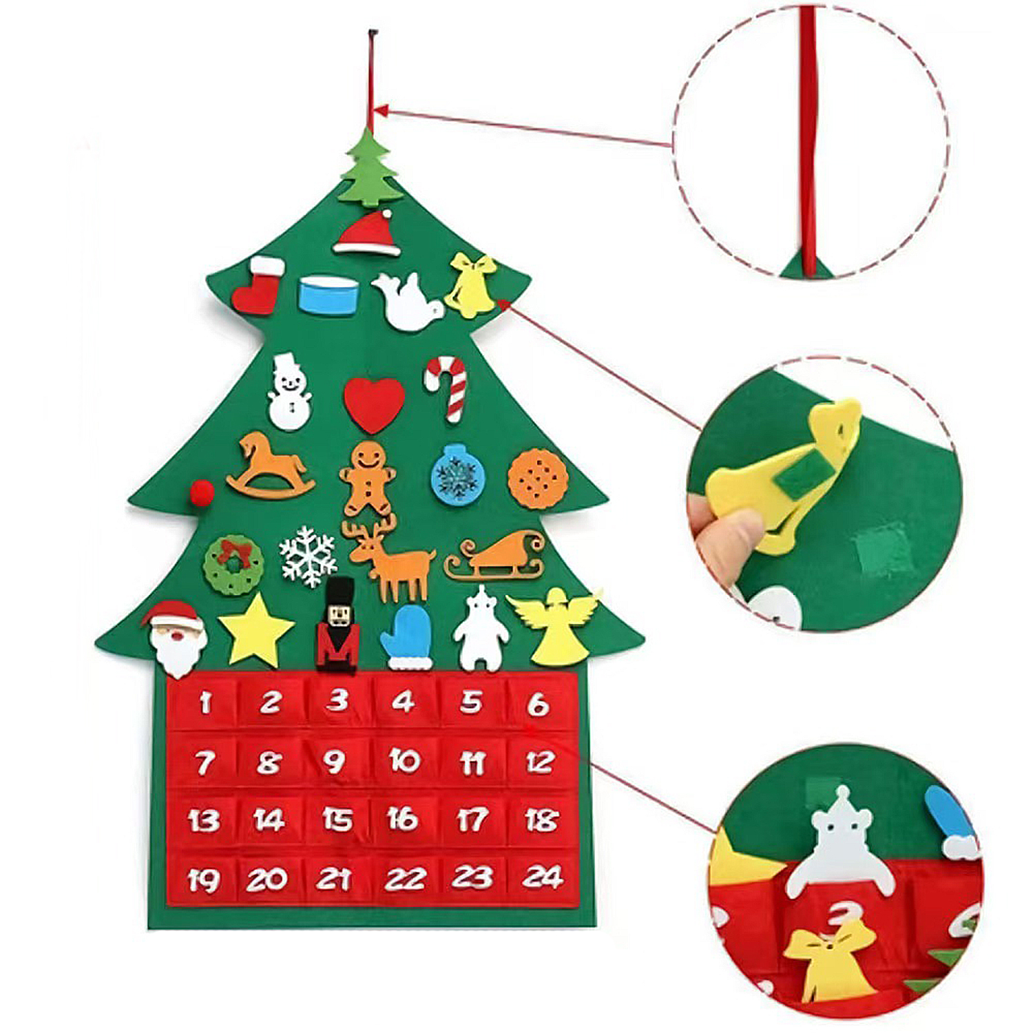 Ein Adventskalender aus Filz in Form eines Weihnachtsbaums mit Taschen mit den Nummern 1-24. Dekoriert mit Weihnachtsschmuck.