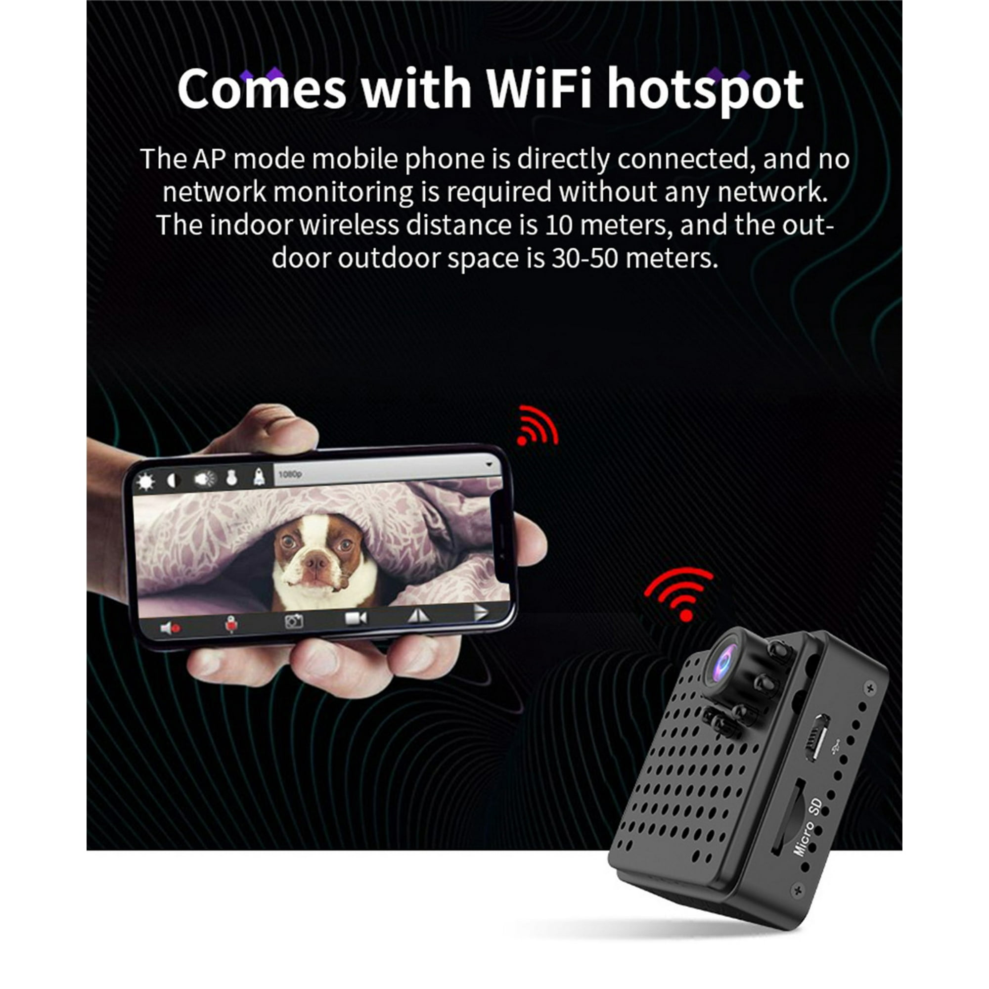 Ein Telefon zeigt ein Hundevideo. Eine schwarze Kamera daneben. Rote Wi-Fi-Symbole im Hintergrund.