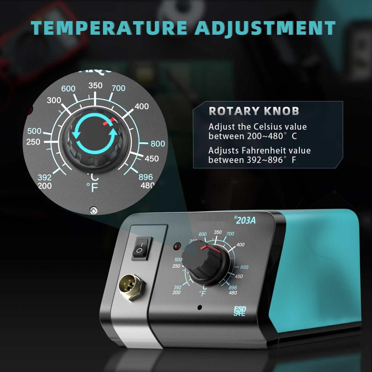 Eine Lötstation mit Drehknopf zur Temperatureinstellung, mit Celsius- und Fahrenheit-Skalen.