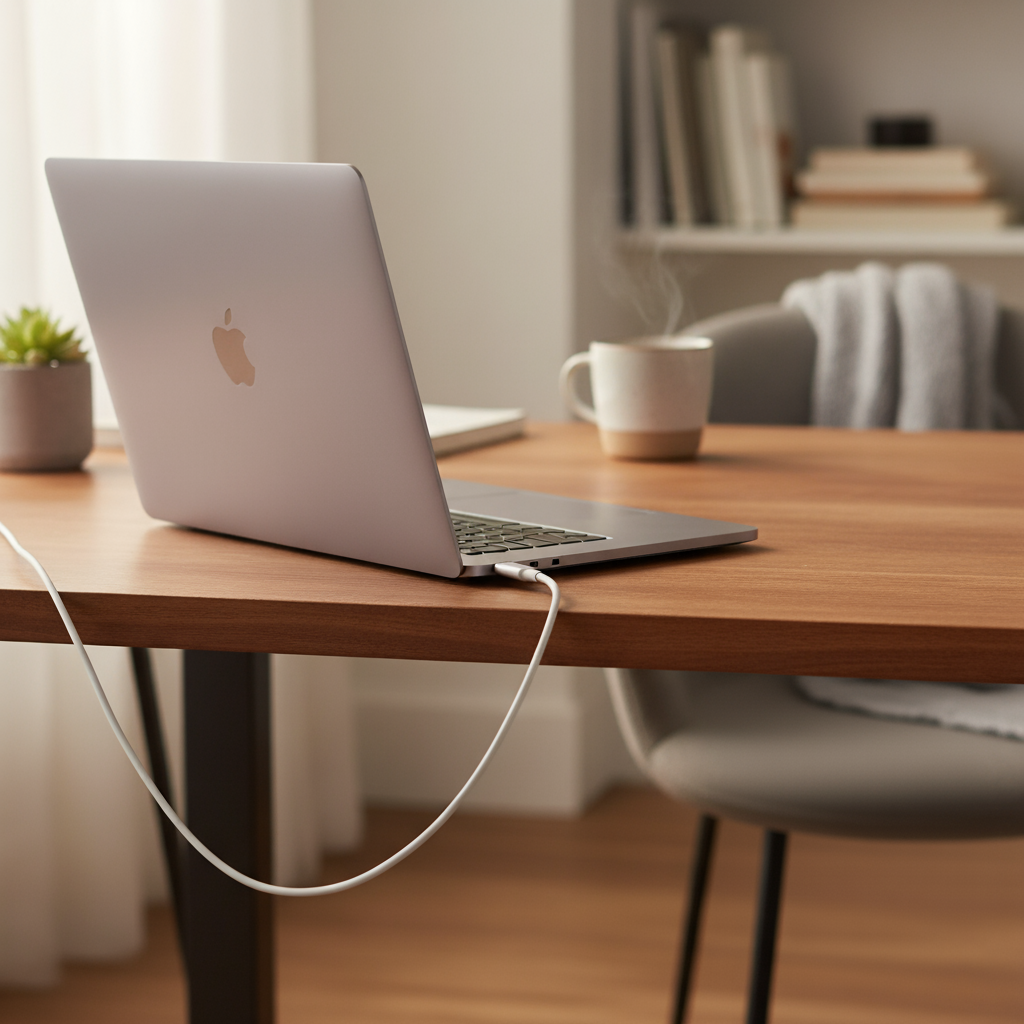 Ein Laptop steht auf einem Holztisch mit weißem Ladekabel. Im Hintergrund dampft eine Kaffeetasse.