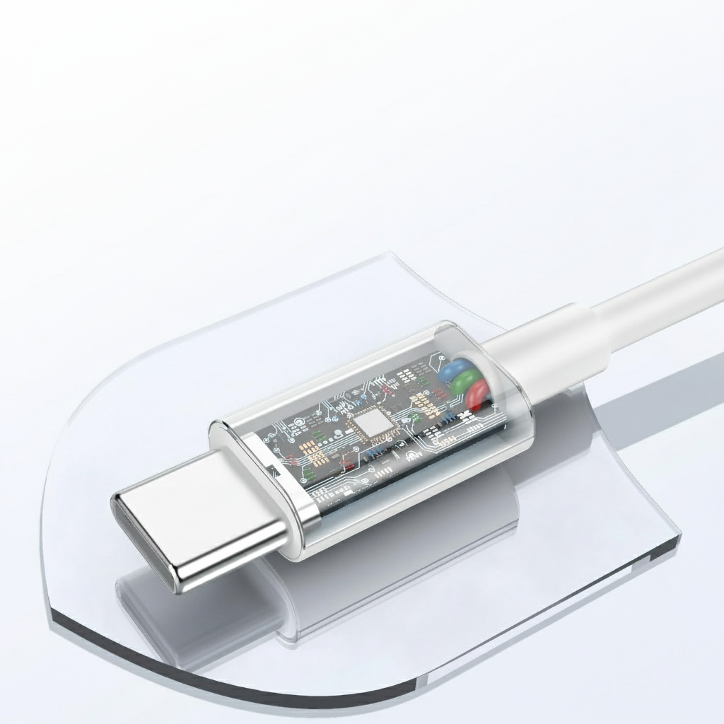 Nahaufnahme eines USB-C-Kabels mit transparentem Gehäuse, das die interne Schaltung und farbige Drähte zeigt, auf einem transparenten Ständer platziert.