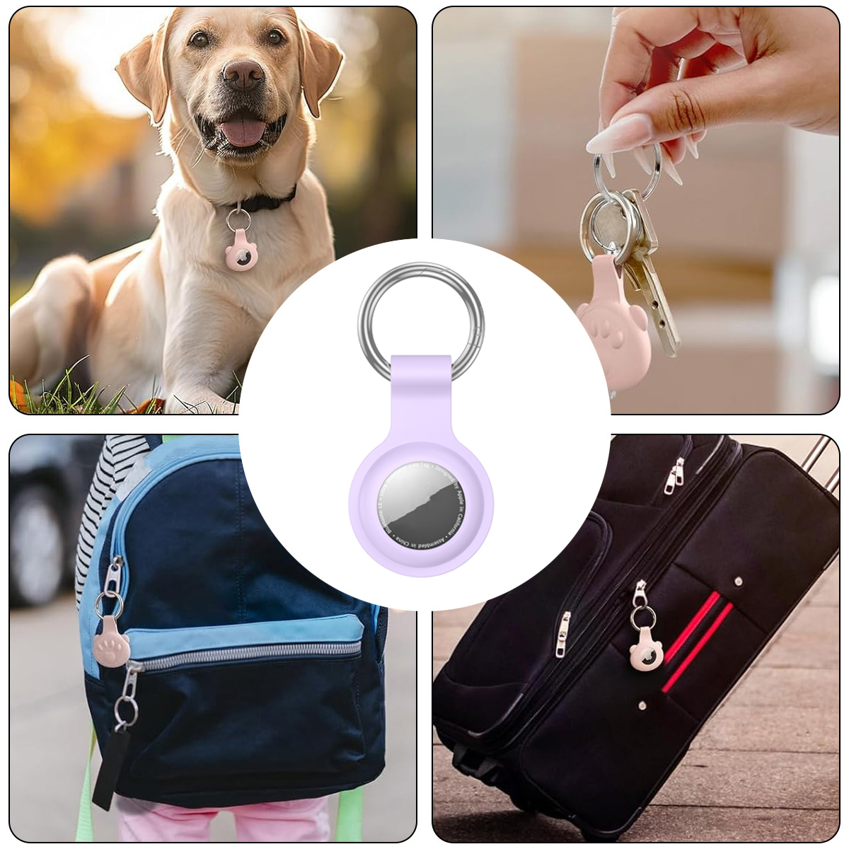 Ein Hund mit einem rosa Anhänger am Halsband. Weitere Bilder zeigen den Anhänger an Schlüsseln, einem Rucksack und einem Koffer.