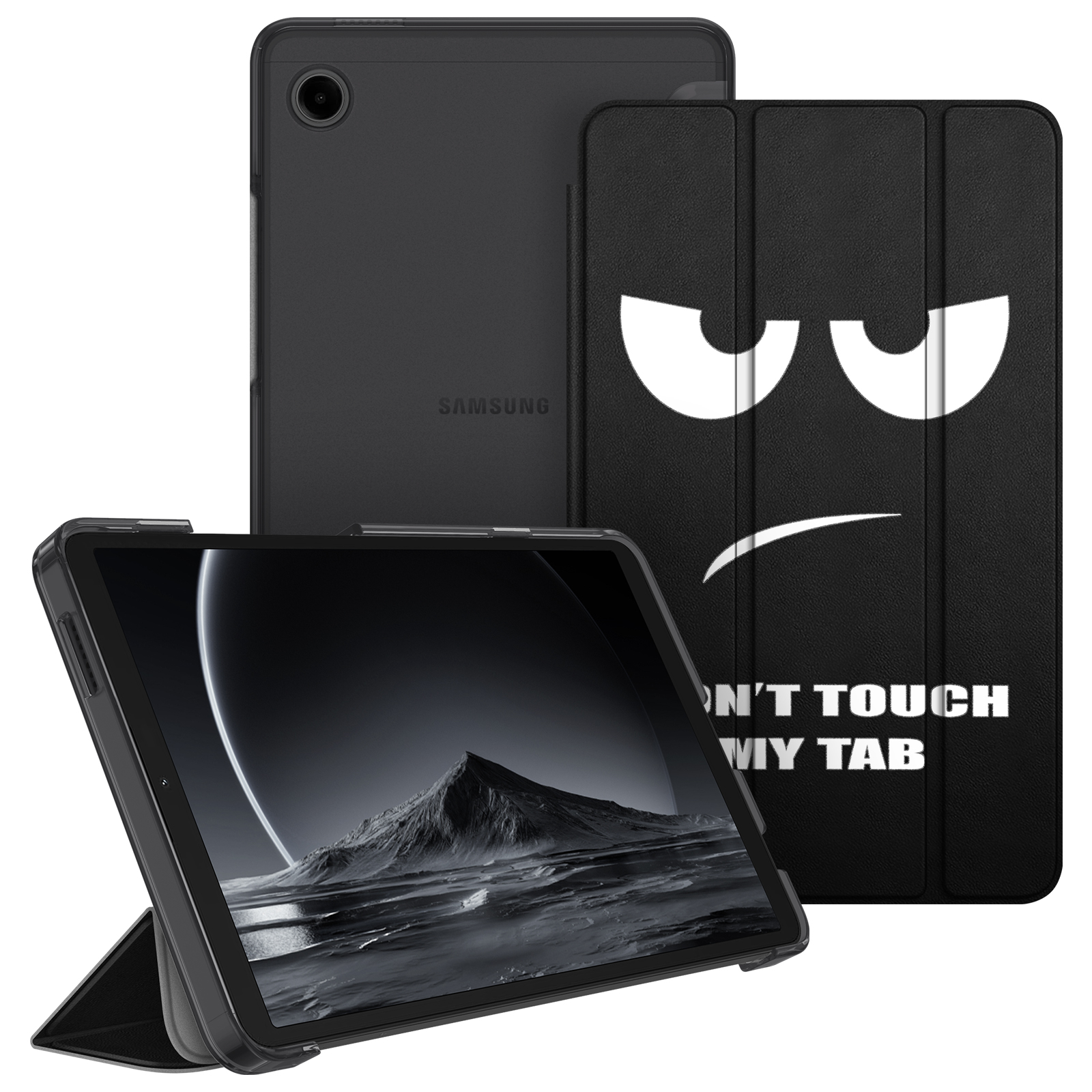 Ein Tablet mit schwarzer Hülle und einem Bildschirm, der eine Landschaft zeigt. Die Hülle hat ein Gesicht und den Text 'Don't touch my tab'.