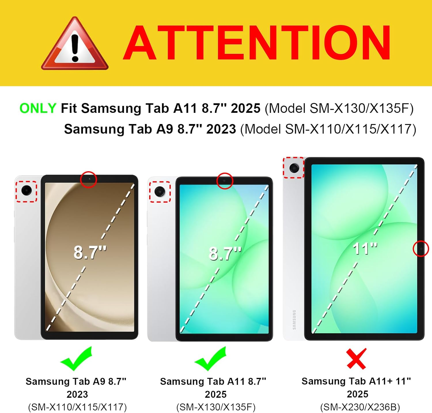 Das Bild zeigt Tablet-Vergleiche. Oben ein Achtungsschild. Tablets mit 8,7" und 11" Displays mit Häkchen und Kreuzen.
