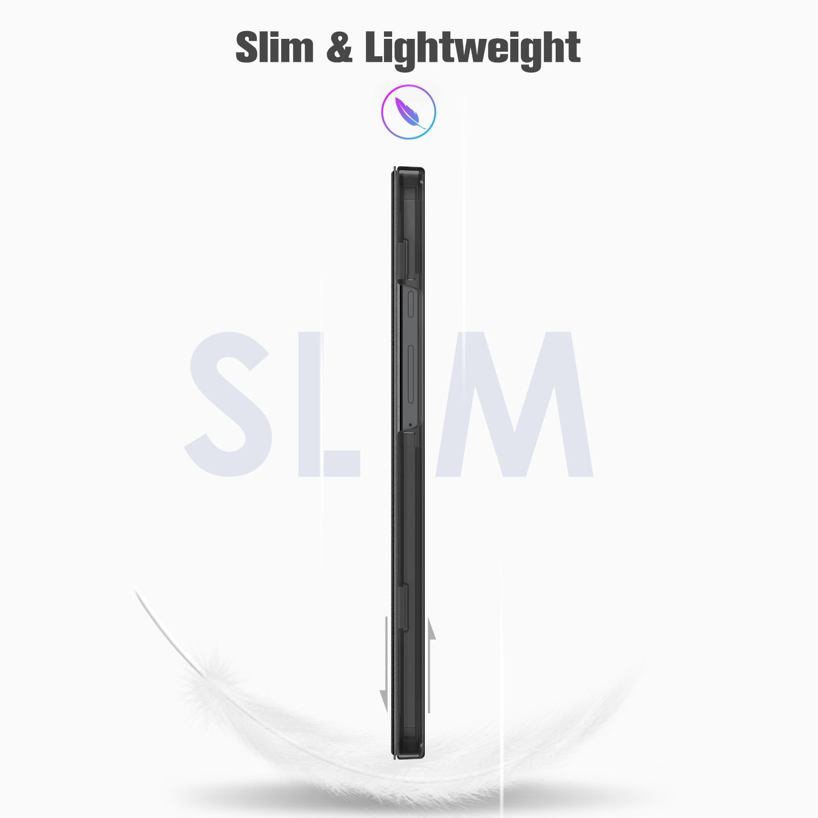 Auf dem Bild ist eine schwarze Handyhülle zu sehen, mit den Worten Slim & Lightweight oben. Ein Feder und das Wort SLIM sind ebenfalls zu sehen.