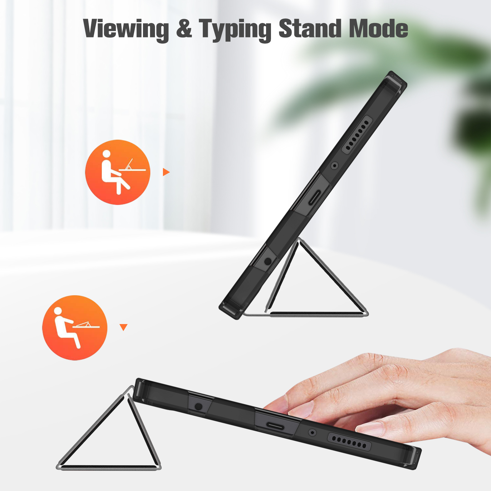 Schwarzes Tablet im Standmodus, unterstützt von einem dreieckigen Ständer. Symbole zeigen die Betrachtungs- und Tipppositionen.