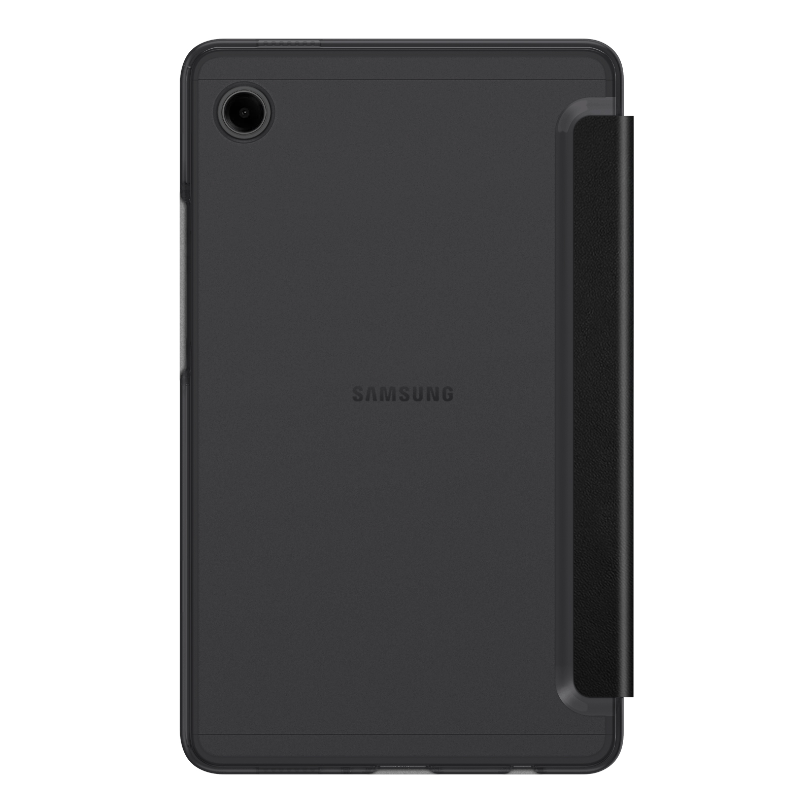 Schwarze Tablethülle mit Kamera und Samsung-Logo. Die Hülle hat eine lederartige Abdeckung.