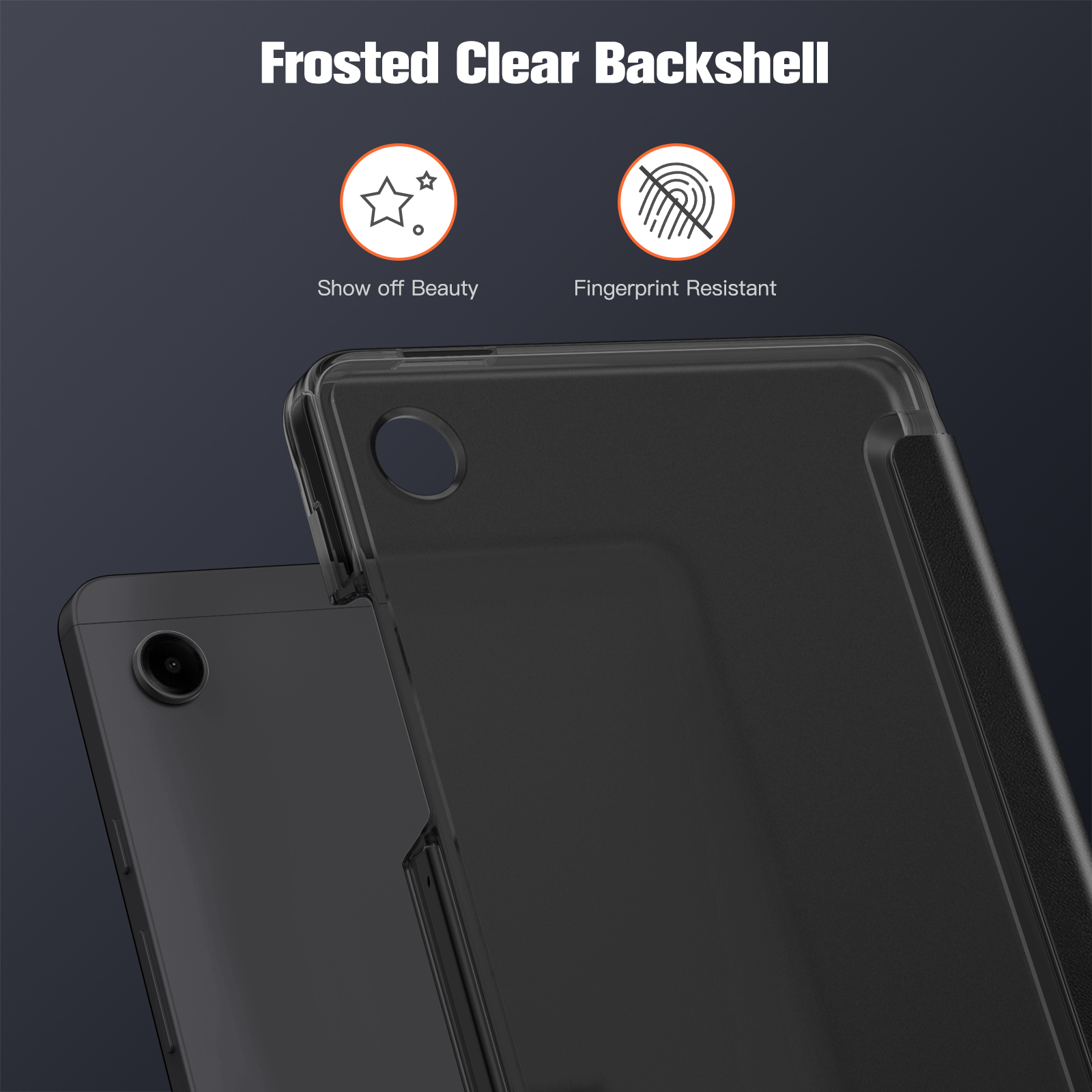 Transparente Handy-Rückschale. Ein Telefon befindet sich in einer transparenten Hülle. Der Text lautet 'Frosted Clear Backshell' und 'Show off Beauty'.