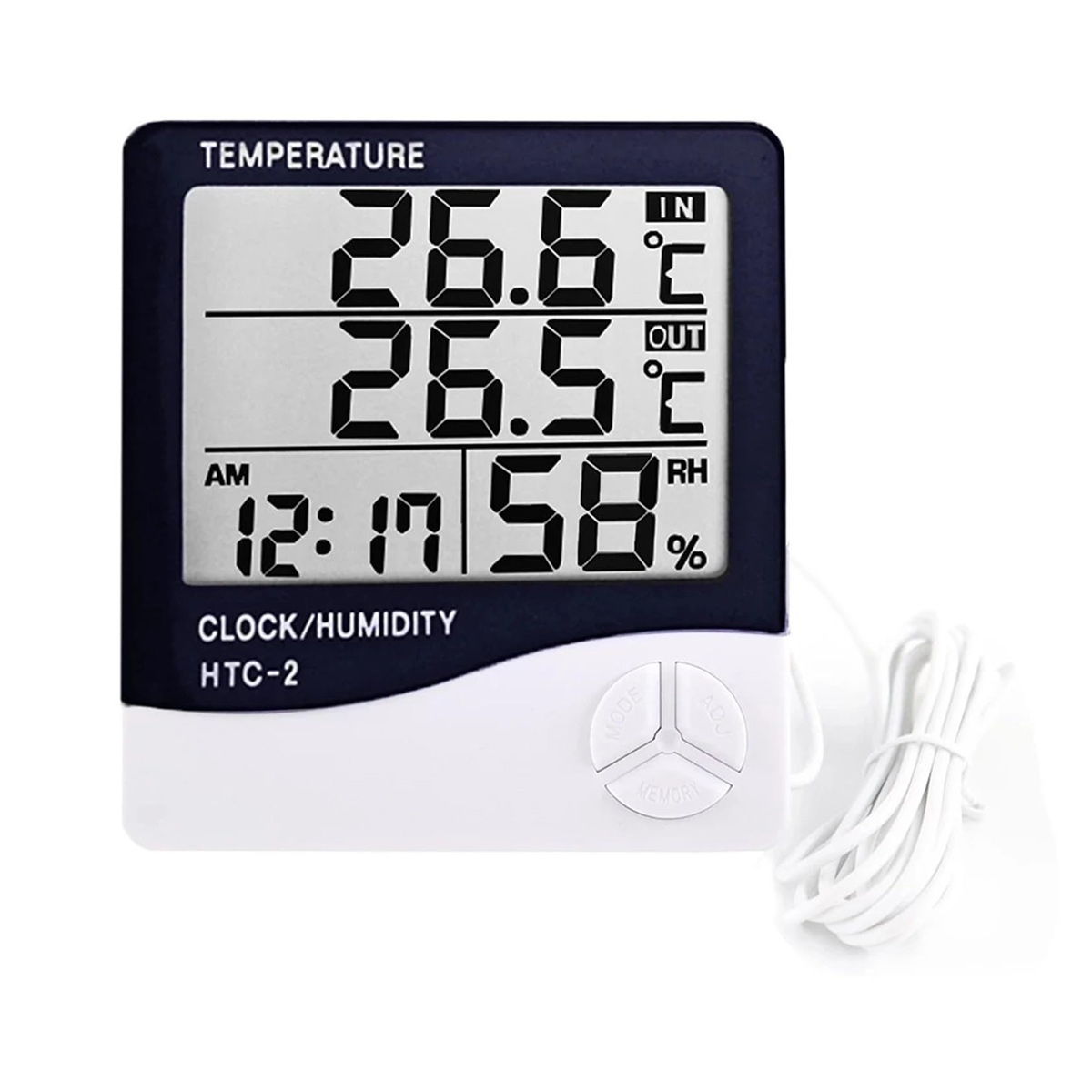 Ein digitales Thermometer zeigt 26,6°C (innen) und 26,5°C (außen) an, Luftfeuchtigkeit 58% und Uhrzeit 12:17 Uhr. Weißes und schwarzes Gerät.