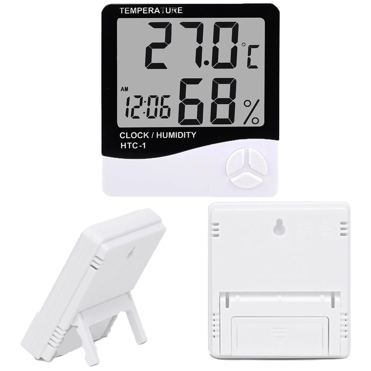 Ein weißer Digitaluhr/Thermometer zeigt 27,0 °C, 68 % und 12:06 Uhr morgens. Drei Ansichten: vorne, Seite mit Ständer und hinten.