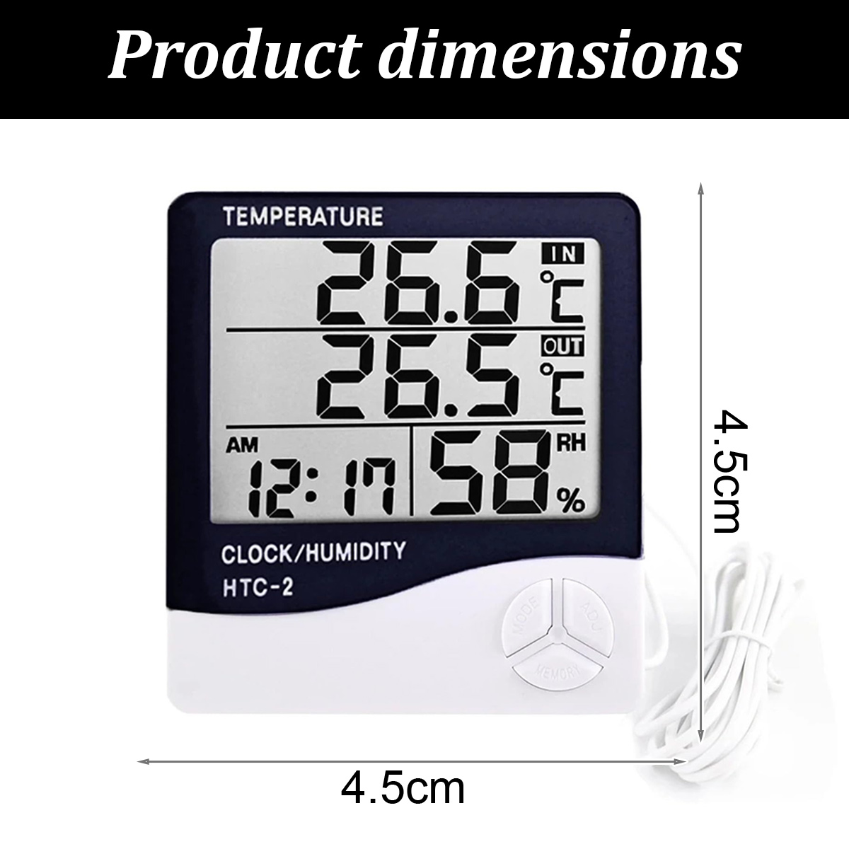 Ein digitales Uhr-/Feuchtigkeitsmessgerät zeigt Temperatur (26,6, 26,5), Uhrzeit (12:17) und Luftfeuchtigkeit (58 %) an. Abmessungen 4,5 cm x 4,5 cm.