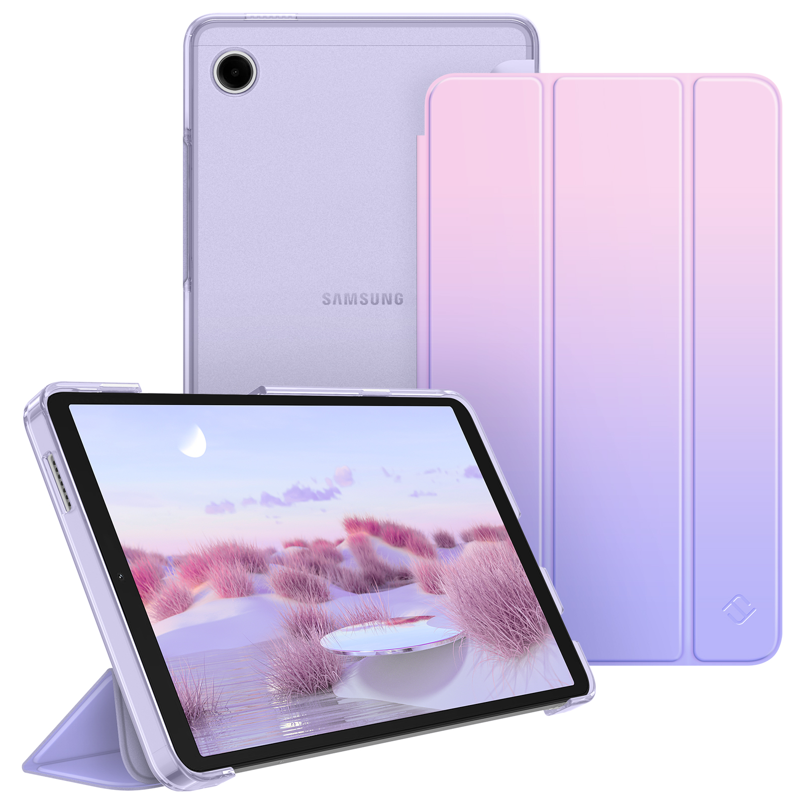 Ein Tablet mit Hülle und Case, das eine Landschaftsszene auf dem Bildschirm zeigt. Die Hülle ist rosa und lila.