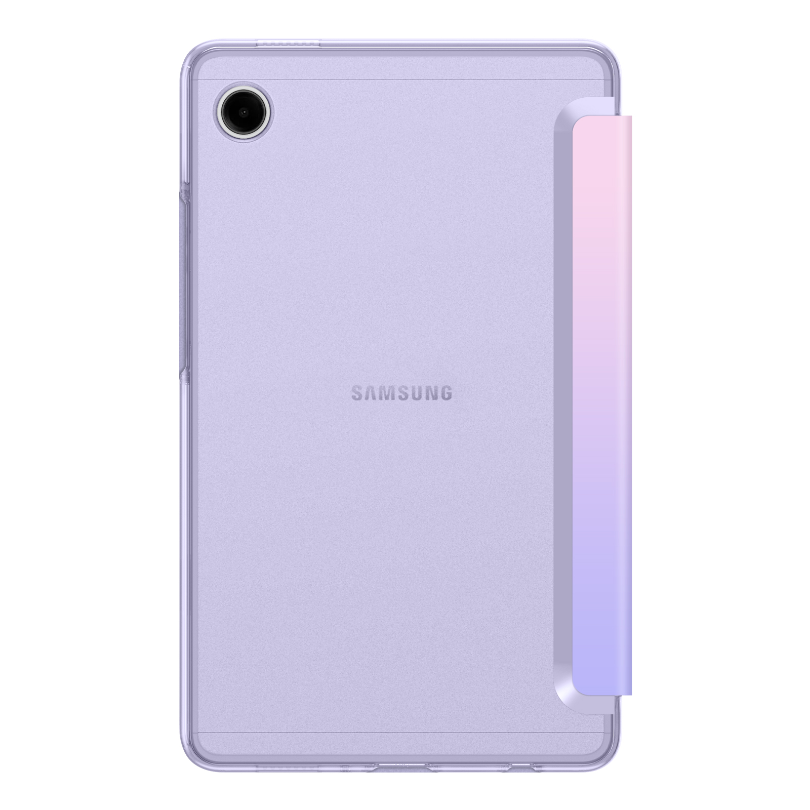 Ein lila Tablet mit Hülle. Das Samsung-Logo ist sichtbar. Die Hülle hat einen Farbverlauf von Rosa und Lila.