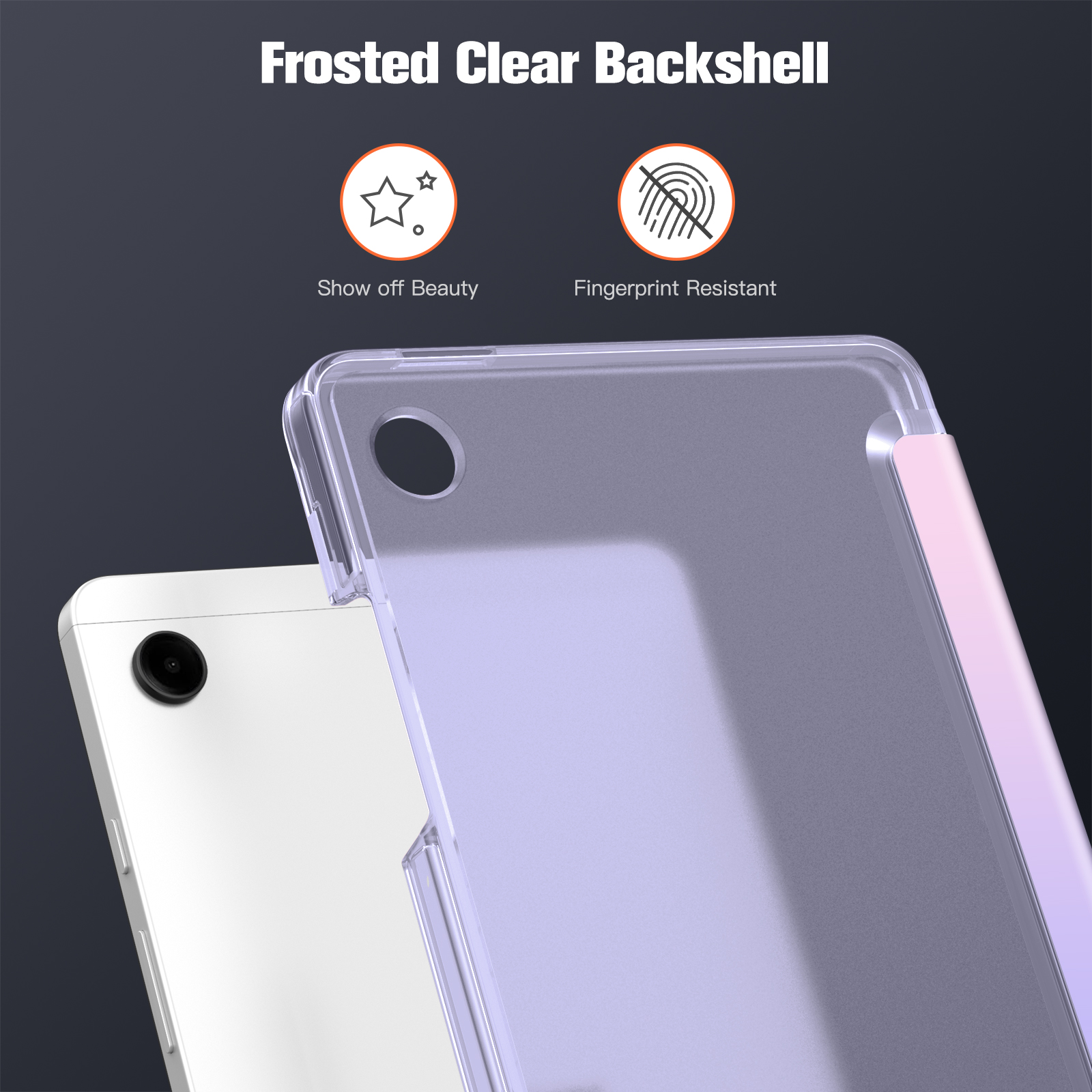 Eine klare, matte Telefonrückschale über einem weißen Telefon, mit Text und Symbolen: Zeigen Sie Schönheit und Fingerabdruckfest.