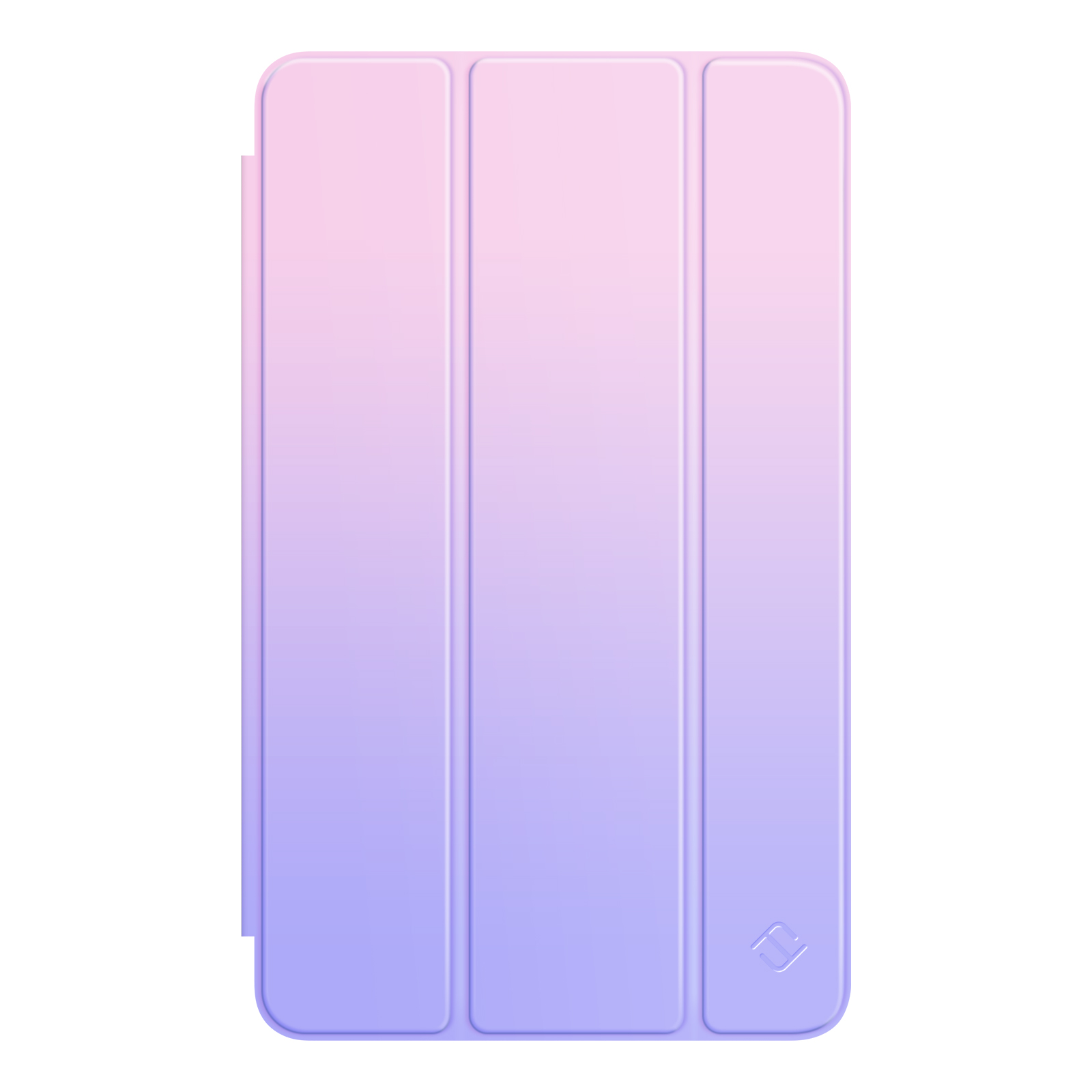Eine Tablet-Hülle mit einem lila-rosa Farbverlauf. Sie ist in drei Abschnitte unterteilt und hat ein Logo rechts unten.