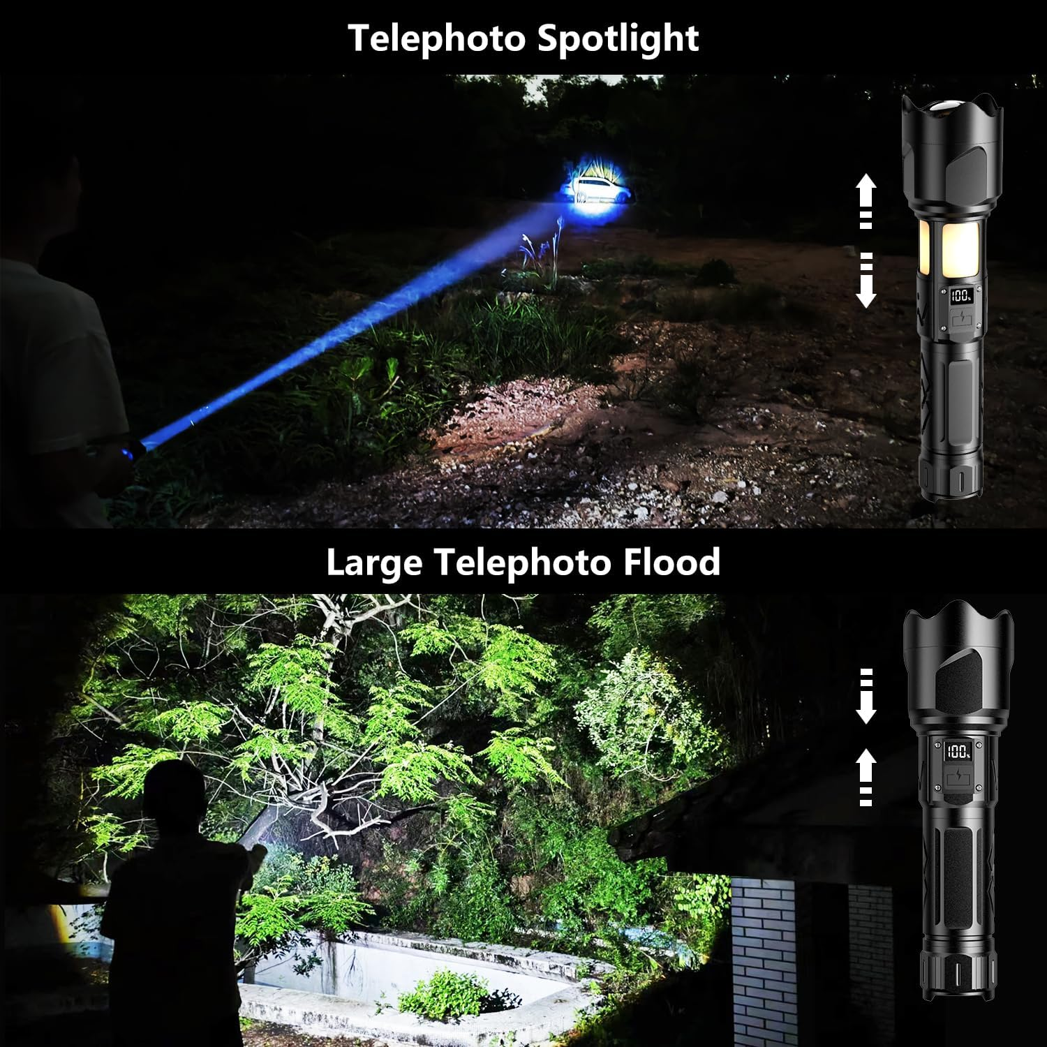 Das Bild zeigt zwei Taschenlampen im Einsatz. Eine beleuchtet ein entferntes Auto, die andere leuchtet das Laub aus. Pfeile zeigen einstellbare Funktionen.