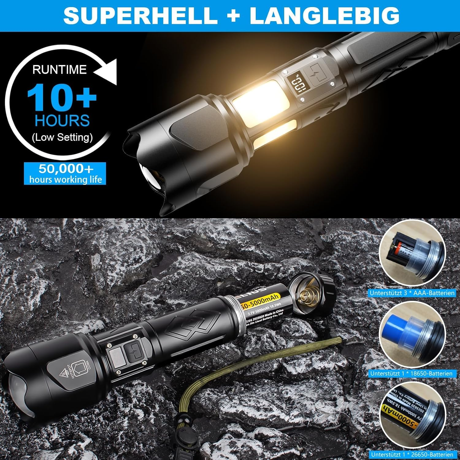 Eine Taschenlampe mit hellem Licht auf felsigem Untergrund. Text zeigt Laufzeit, Batterieoptionen und Arbeitsleben.