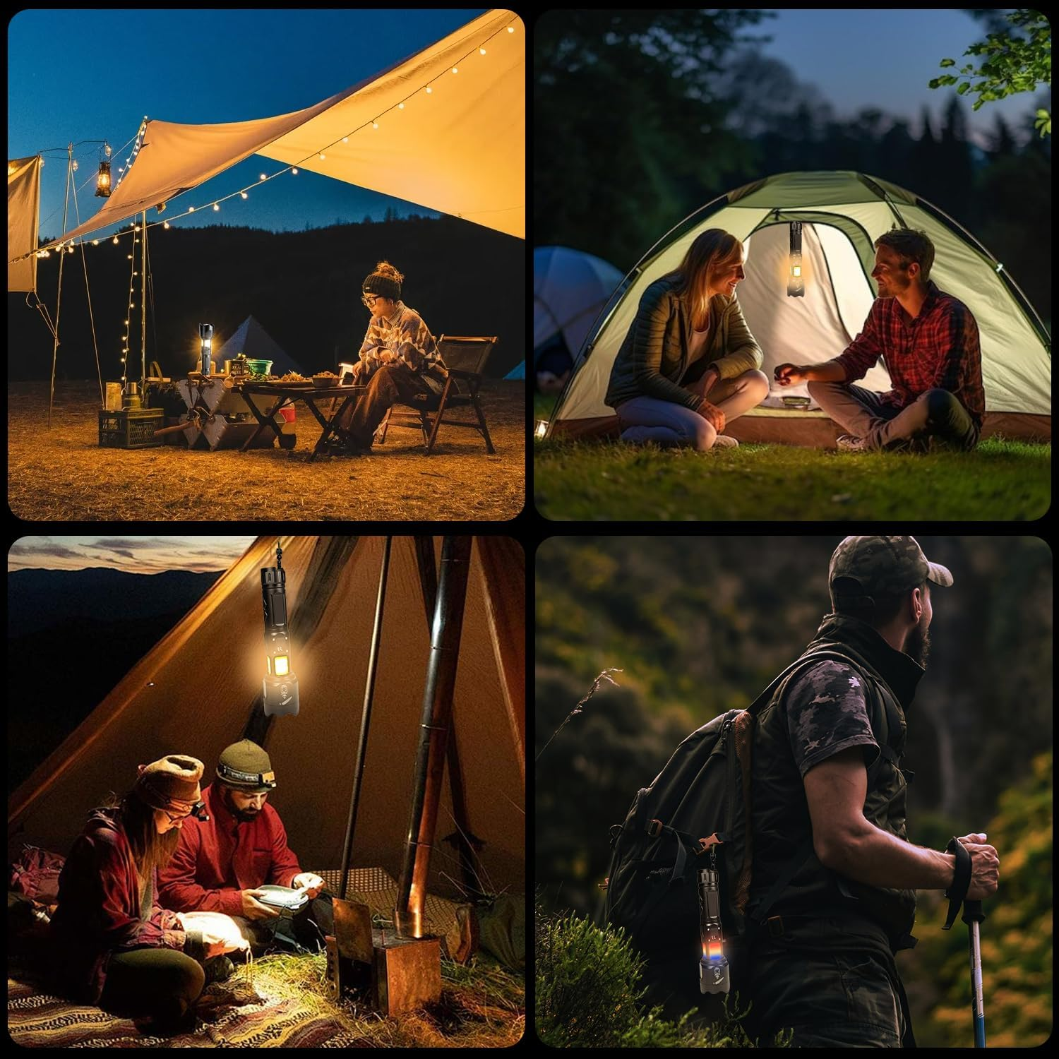 Vier Camping-Szenen bei Nacht. Menschen sitzen an Tischen und in Zelten. Taschenlampen werden als Licht verwendet. Naturhintergrund sichtbar.