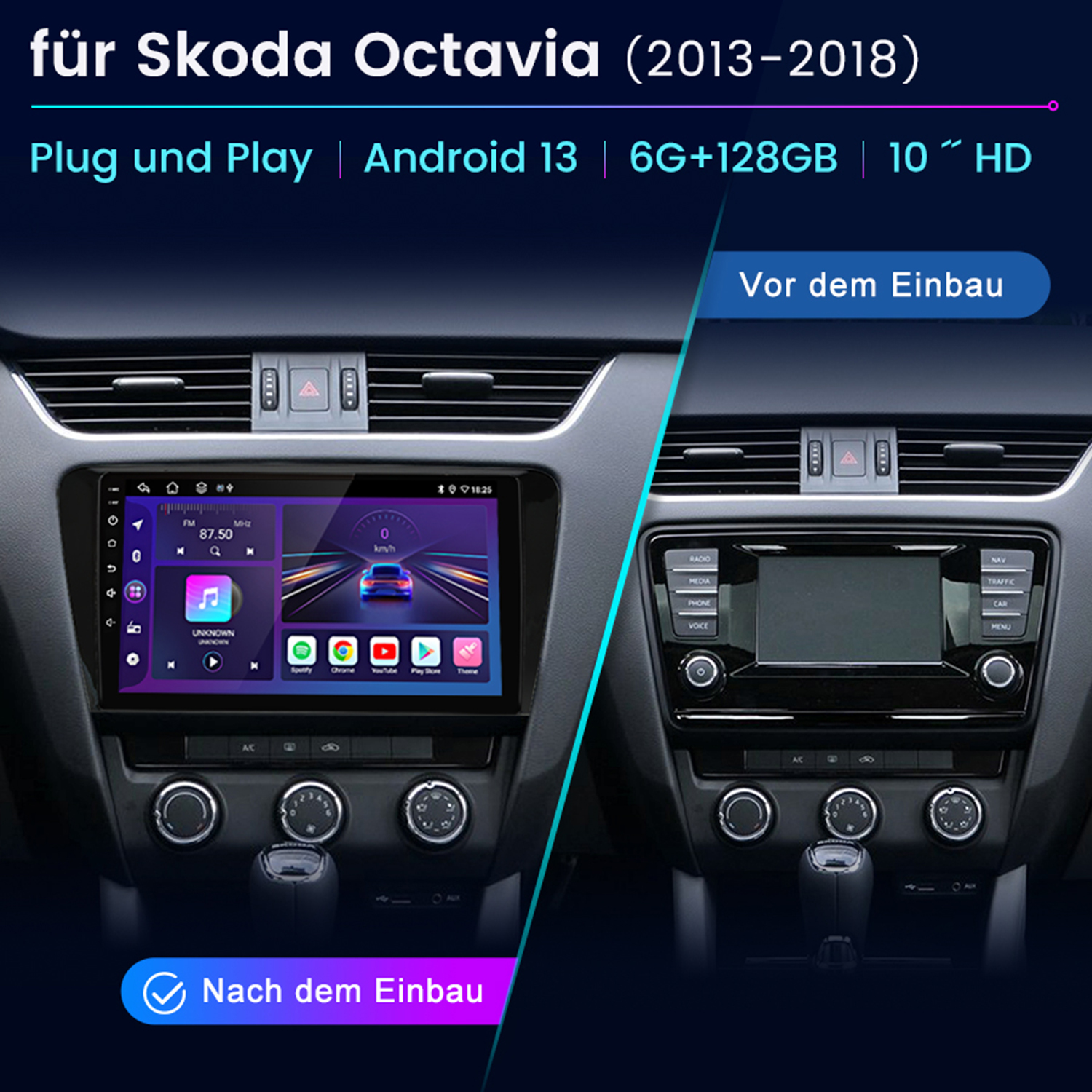 Vergleich des Armaturenbretts: altes Radio rechts, neuer Android-Bildschirm links. Zeigt Navigation, Spotify und andere Apps an.
