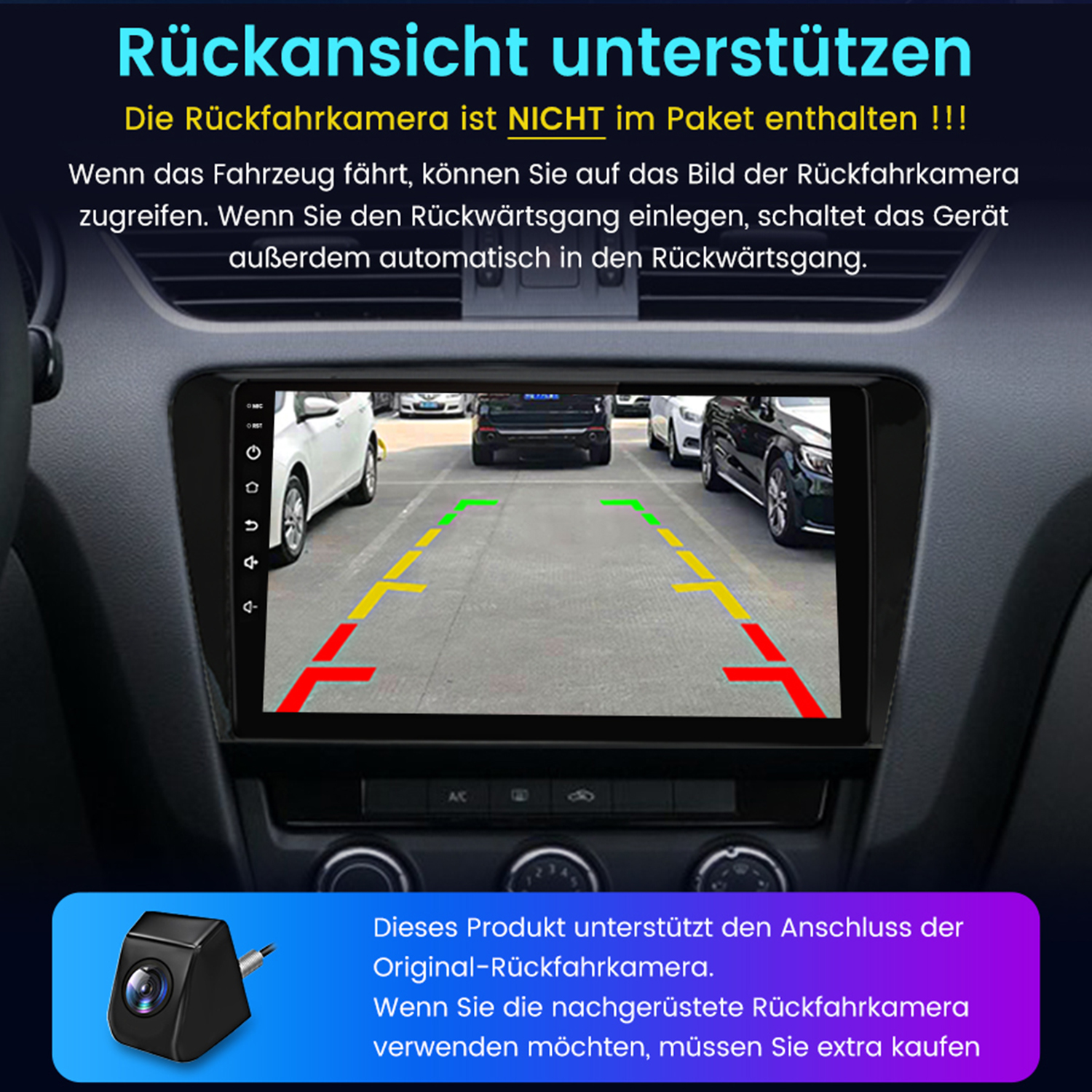Das Armaturenbrett des Autos zeigt die Anzeige der Rückfahrkamera. Richtlinien sind sichtbar. Ein Kamerasymbol ist unten links zu sehen.