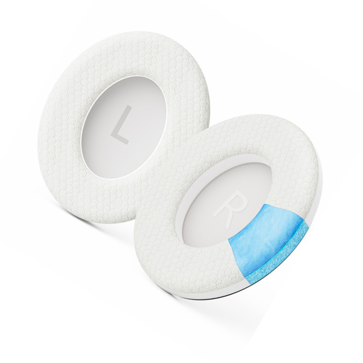 Due cuscinetti auricolari bianchi con superfici strutturate. Uno mostra 'L', l'altro 'R' e una sezione blu.