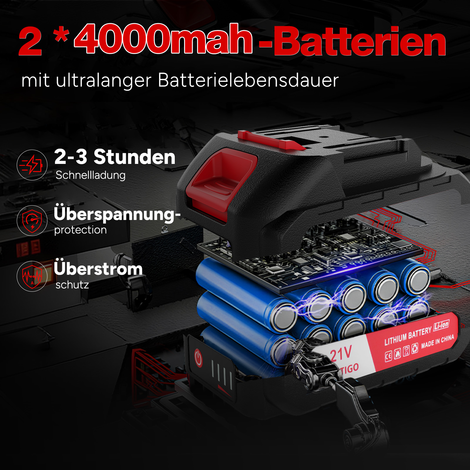 Das Bild zeigt ein Akku-Pack mit technischen Details. Es verfügt über 2 Batterien, Schnellladung und Überstromschutz.