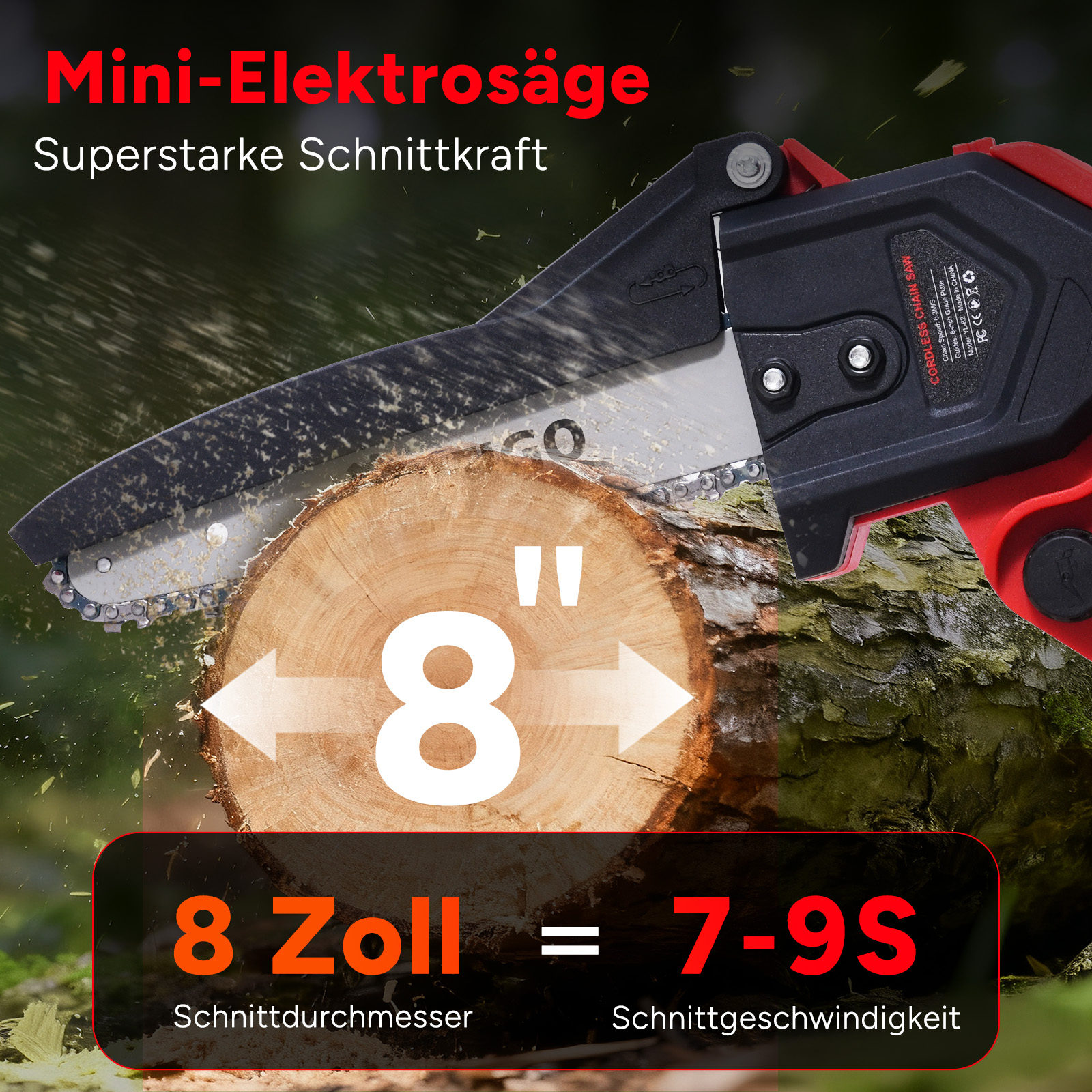 Eine Mini-Elektrosäge schneidet einen Baumstamm. Die Klinge schneidet in das Holz. Anzeige mit 8 Zoll und 7-9S.