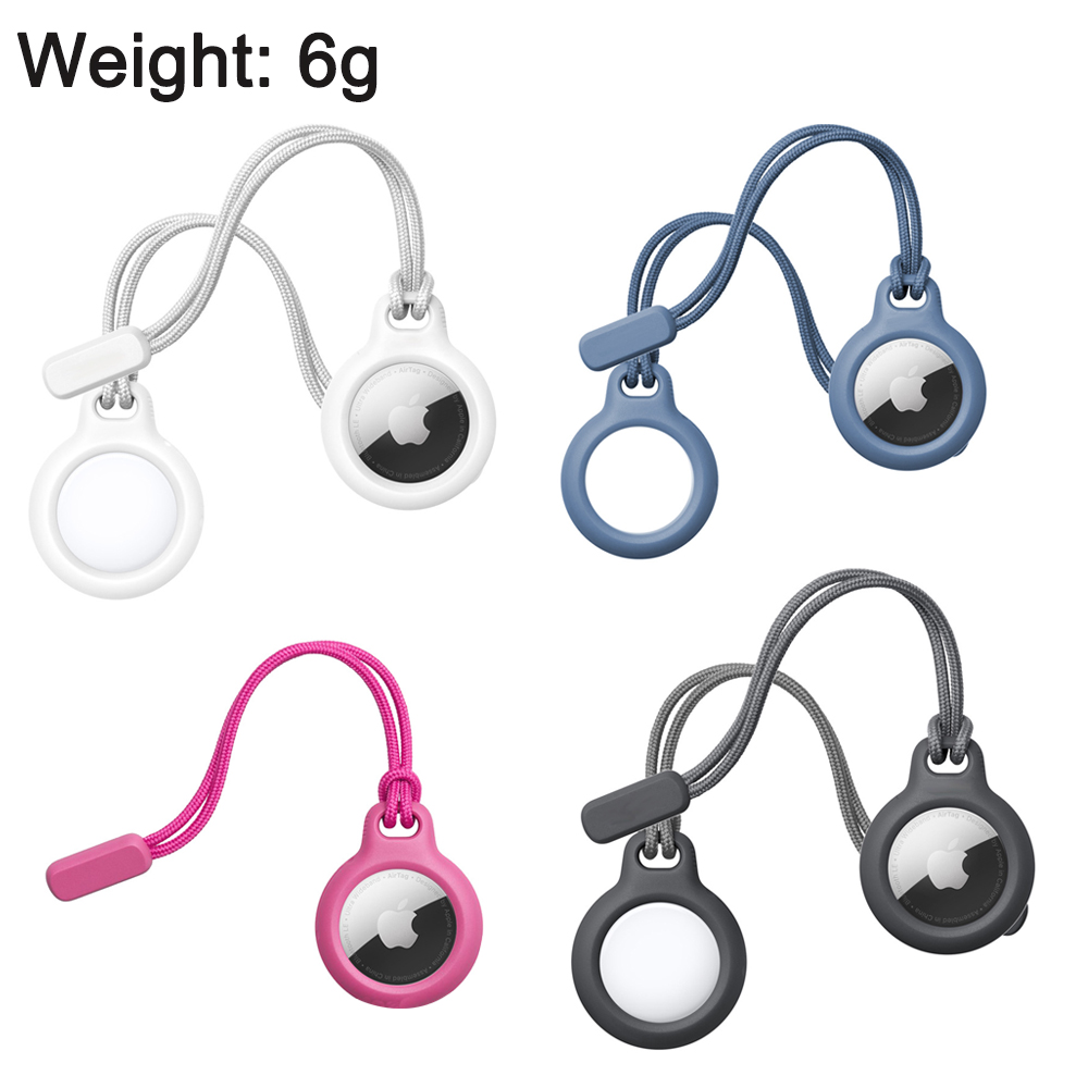 Vier Apple AirTag-Halter in verschiedenen Farben: Weiß, Blau, Pink und Grau. Jeder hat eine Schlaufe und einen Halter mit Apple-Logo.