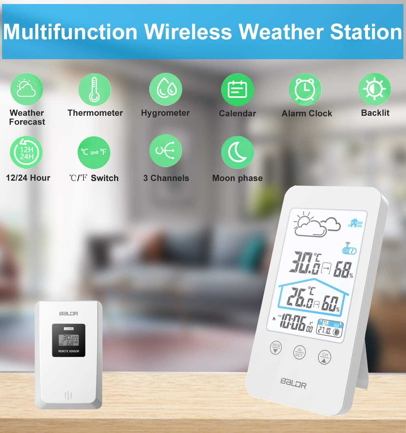 Eine weiße Wetterstation zeigt Wetterdaten an. Symbole für Vorhersage, Thermometer und andere Funktionen umgeben sie. Ein Fernsensor ist ebenfalls vorhanden.